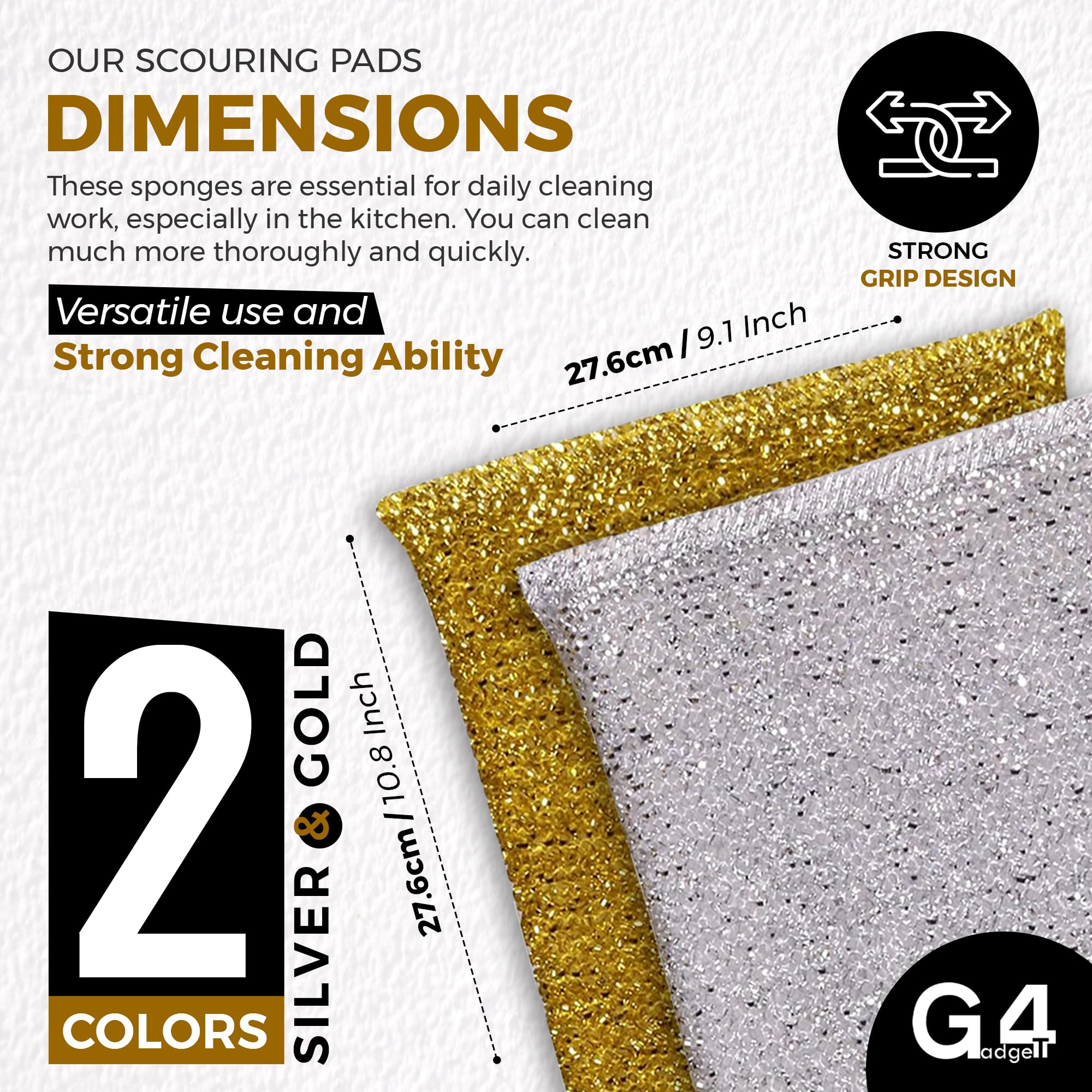 G4GADGET Metallic Scouring Pads - 6 Pack Non-Scratch Polypropylene Kitchen Scourer | Rust-Resistant