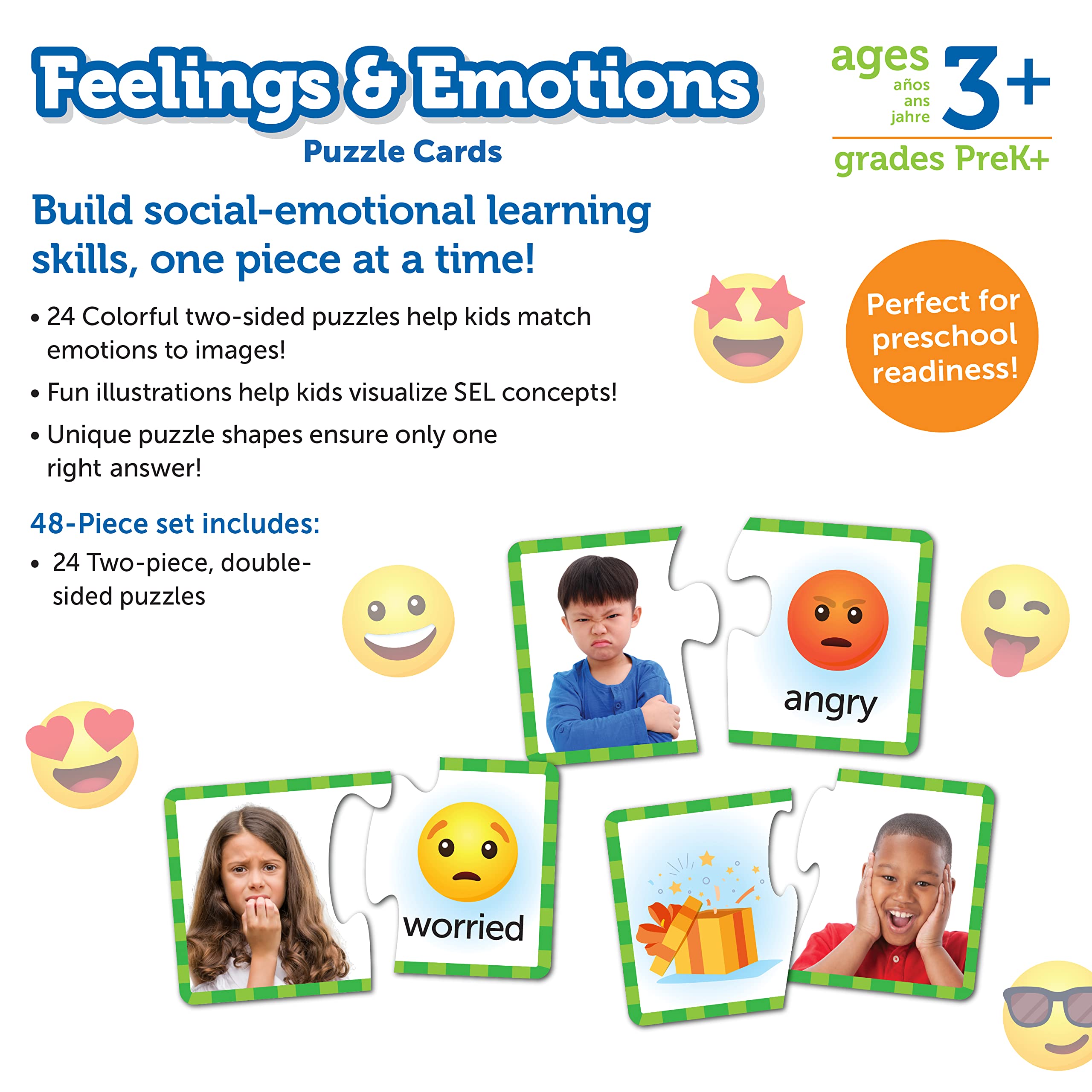 Learning Resources Feelings & Emotions Puzzle Cards - 48-Piece SEL Learning Toy for Ages 3+ 4