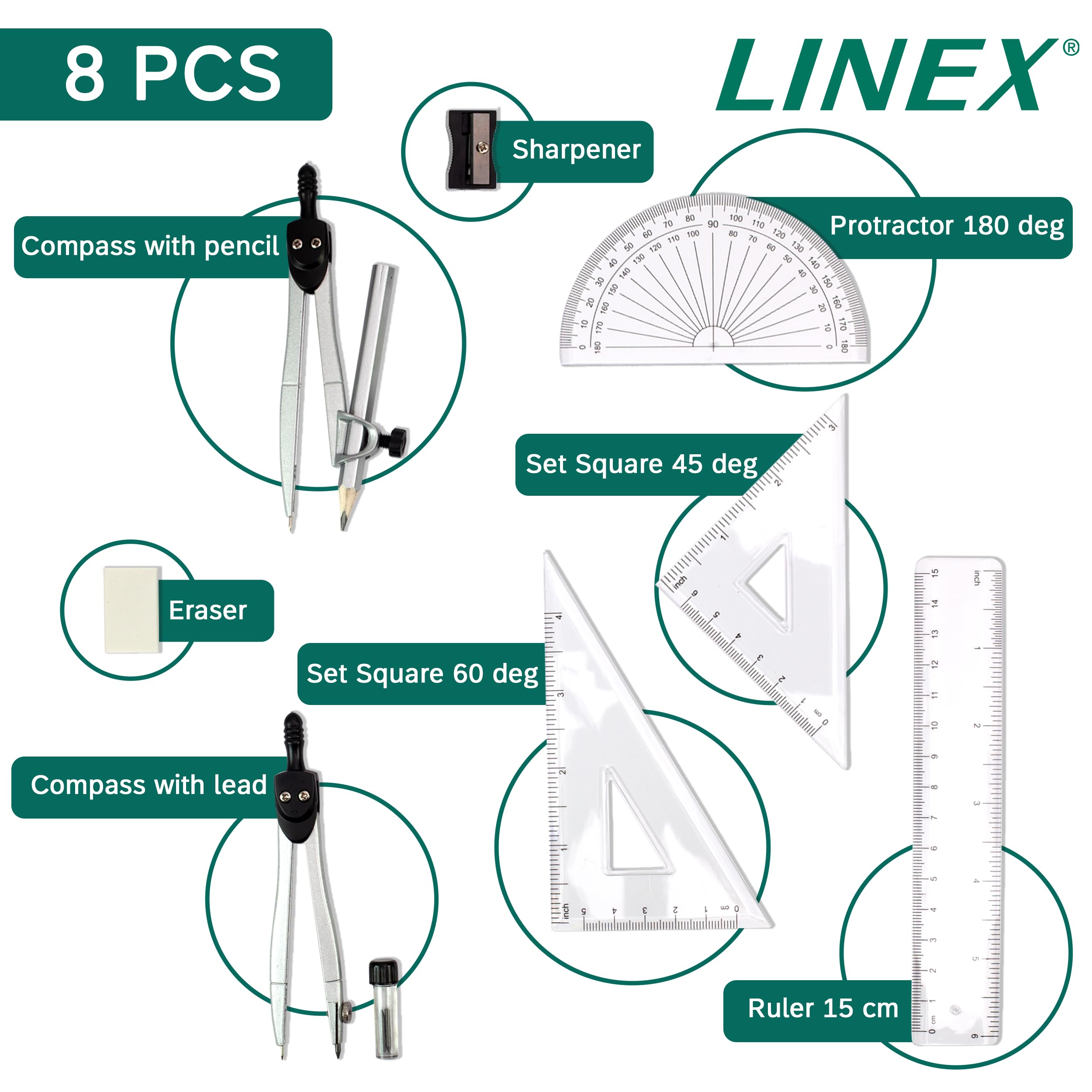 Linex 10-Piece Maths Geometry Set with Transparent Case | Exam Ready 5