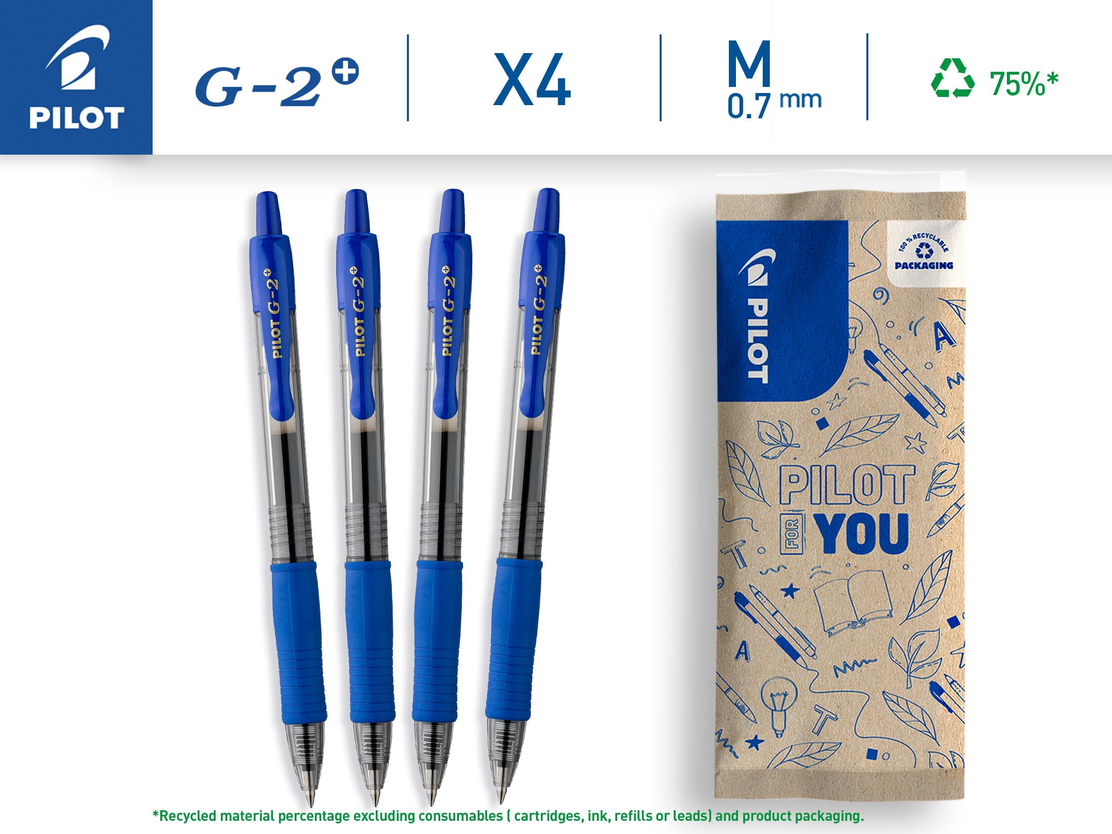 PILOT G2-07 Retractable Gel Rollerball Pen - Medium 0.7mm Tip, Blue Ink - 4 Pack 2