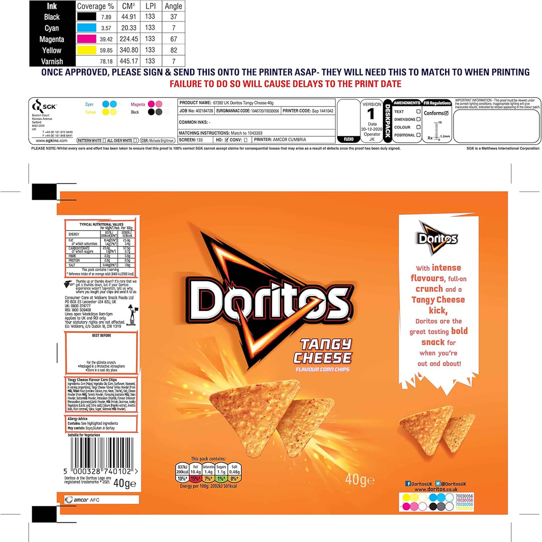 Doritos Tangy Cheese Tortilla Chips, 40g (Case of 32) - Bold Flavour, Vegetarian Crisps