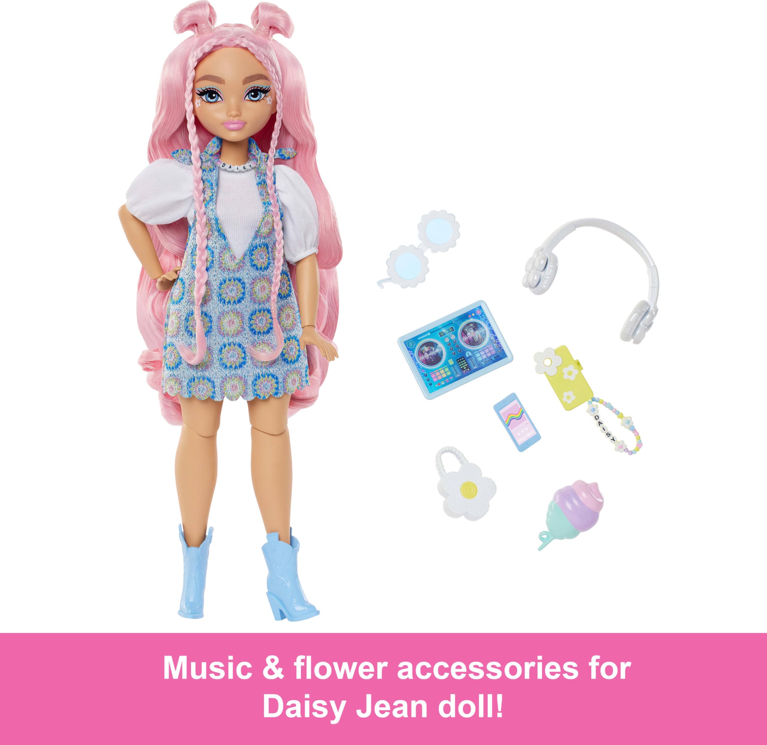 Barbie Dream Besties Daisy Jean Puppe & Musik-Spielset – bewegliche Modepuppe mit 9 Accessoires, rosa gewelltes Haar, ab 4 Jahren