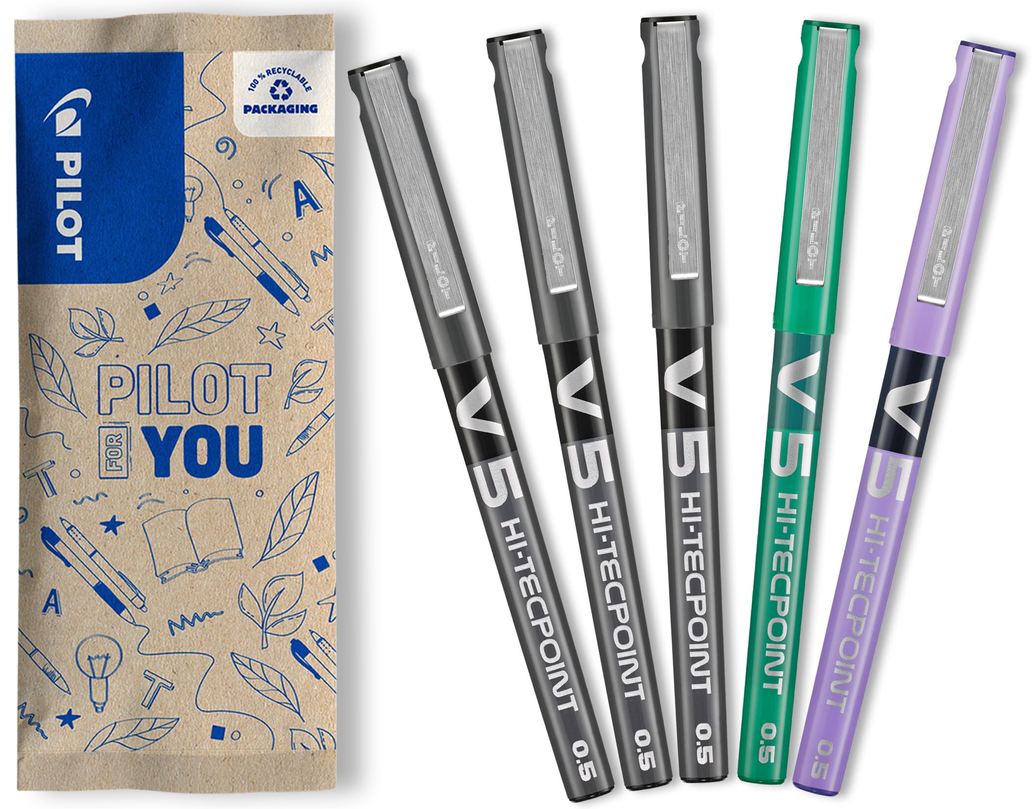 PILOT V5 Liquid Ink Rollerball Pen Set - Smooth Skip-Free Writing | 0.5mm Fine Tip | Black, Green, Purple 1