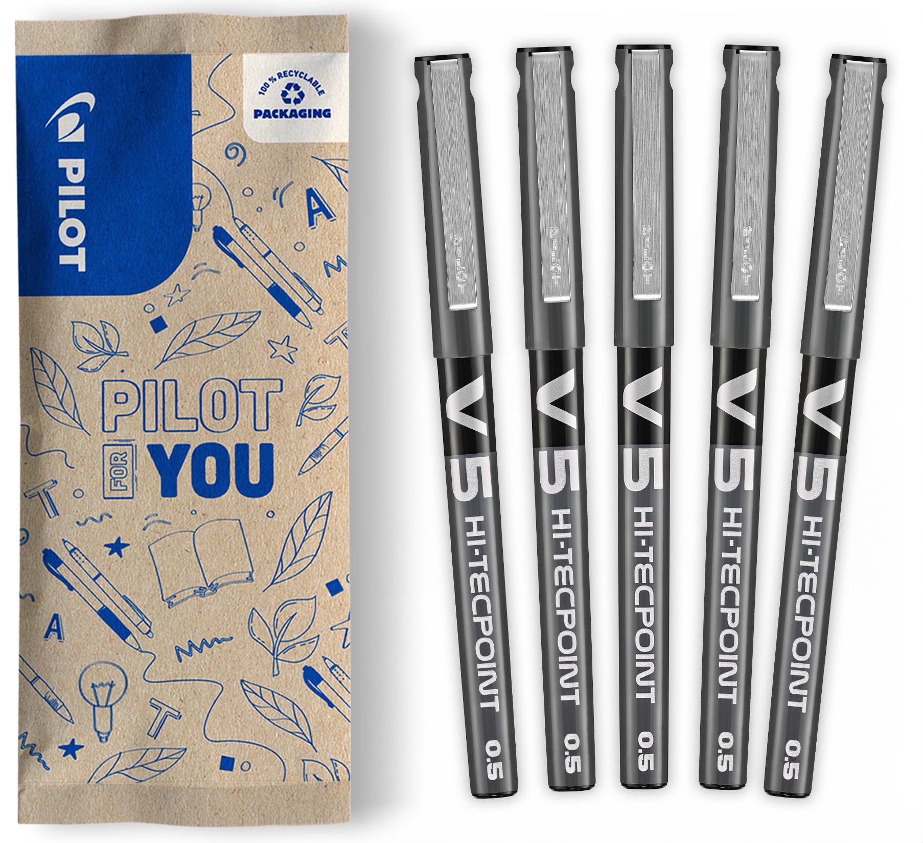 PILOT V5 Hi-Tecpoint Liquid Ink Rollerball Pen - Fine 0.5mm Tip | Pack of 5 Black Pens 1