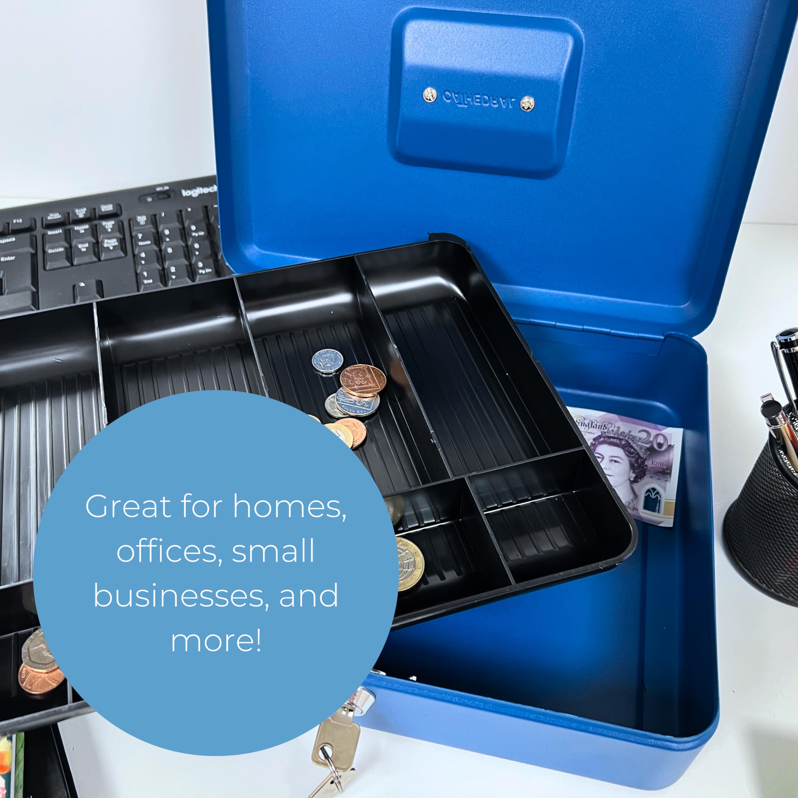 Cathedral Products Key Lockable Cash Box with 6 Compartment Coin Tray - Black | Powder Coated Steel 5