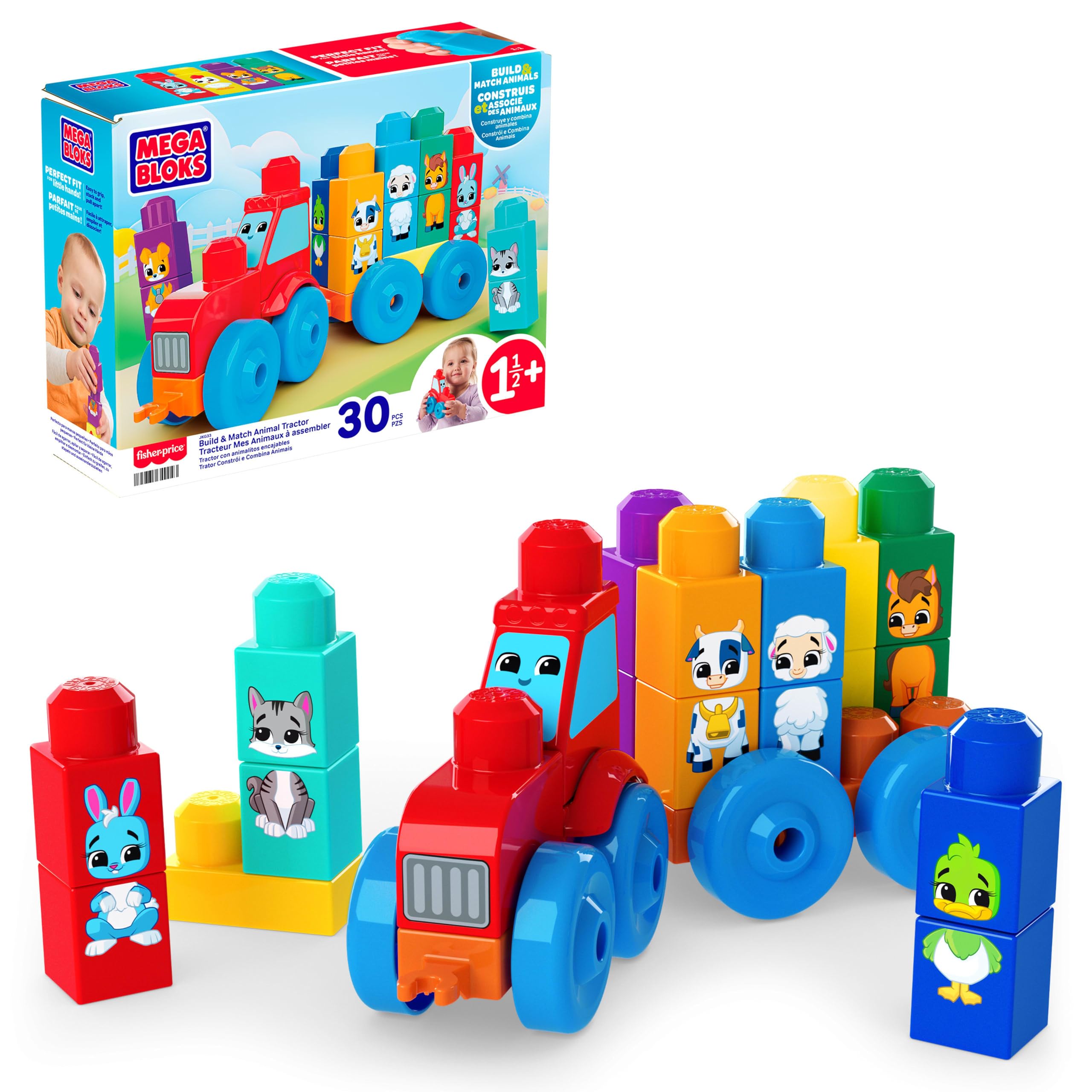 Mega Bloks First Builders Toddler Block Toys Set - Build & Match Animal Tractor, 30 Pieces, Ages 1.5+ 1