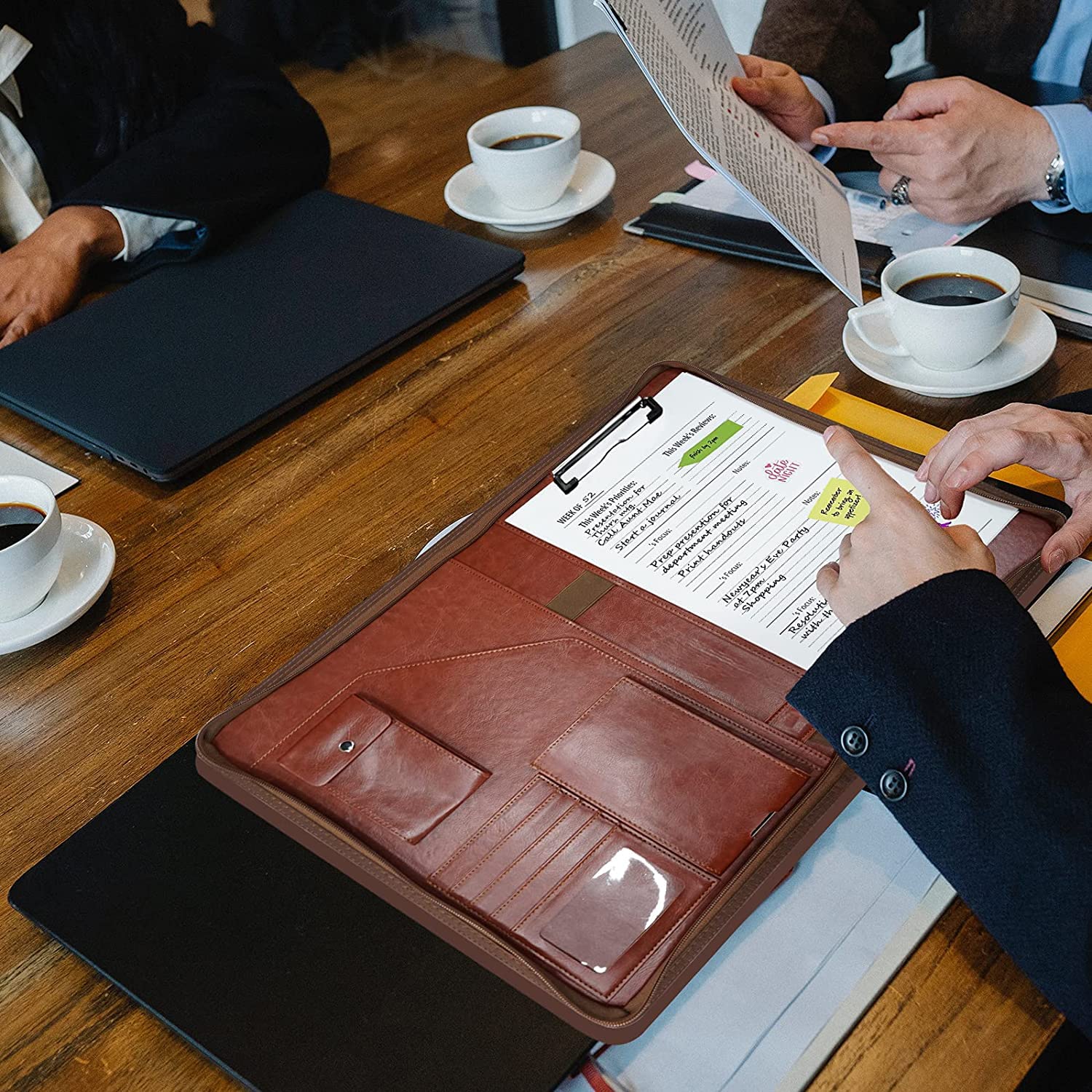 NEWYES Leather Zipper Conference Folder - A4 Size, Brown Faux Leather Organizer | Waterproof
