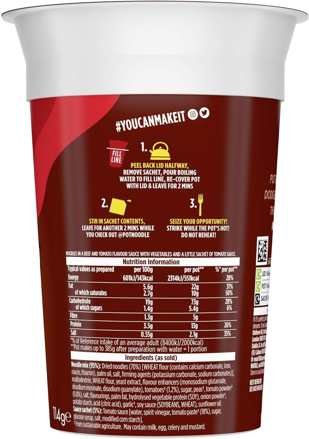 Pot Noodle Beef & Tomato Flavour King Pot – 12 x 114g Vegetarian Instant Noodles