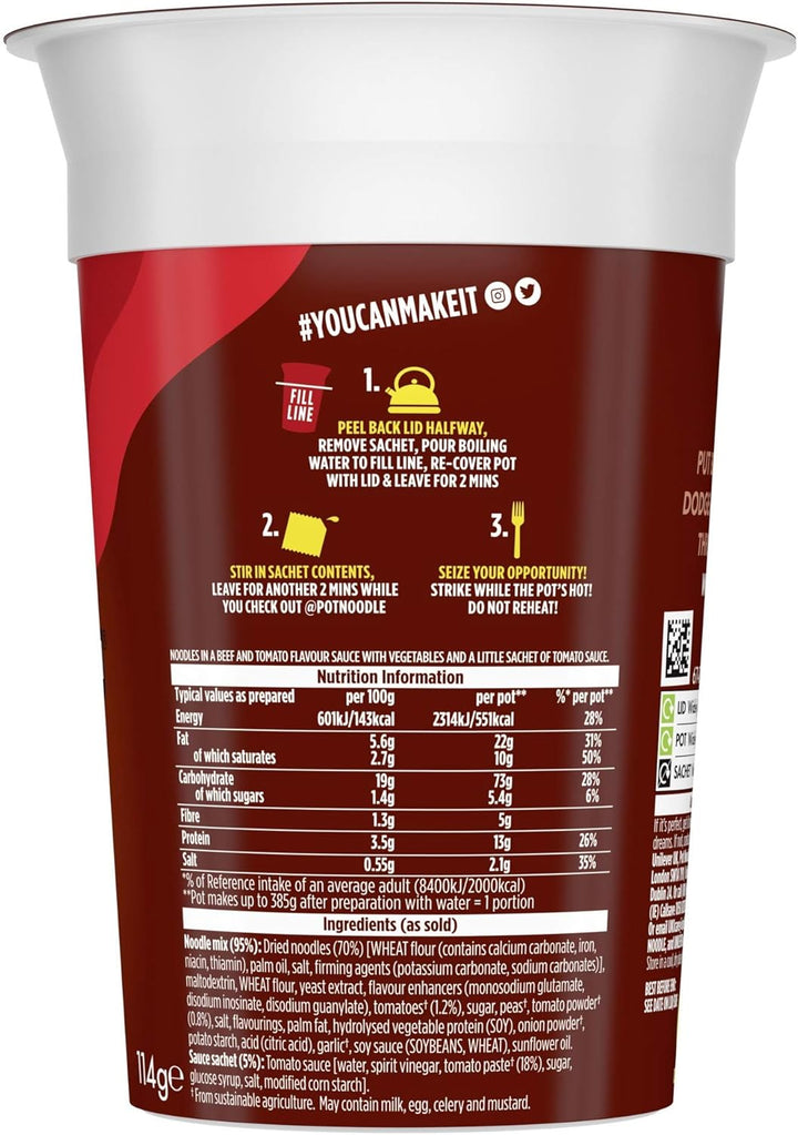 Pot Noodle Beef & Tomato Flavour King Pot – 12 x 114g Vegetarian Instant Noodles