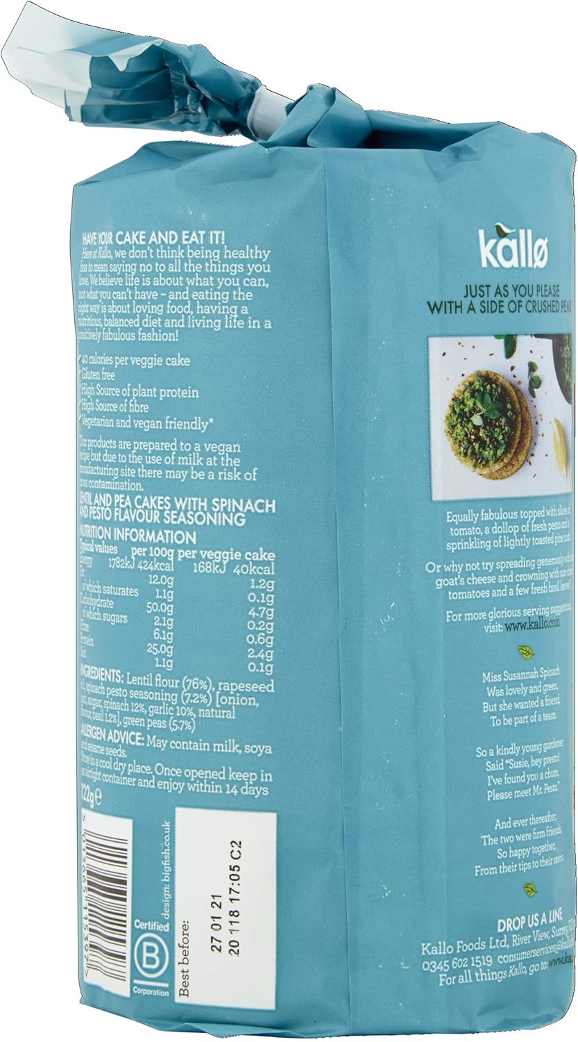 Kallo Spinach & Pesto Veggie Cakes, Lentil & Pea Puffed Crackers Made From Plant 3
