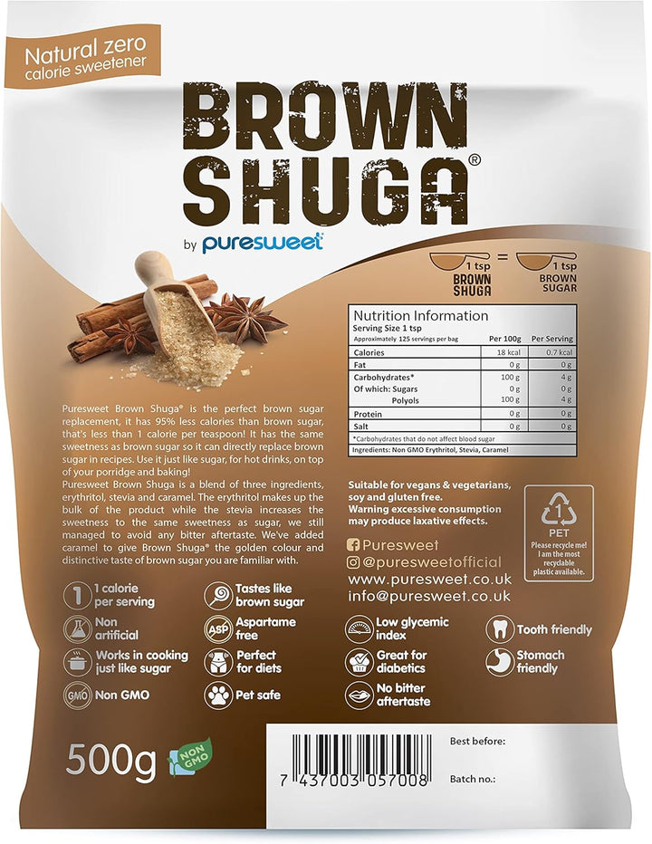 Brown Shuga® by Puresweet 500g - Natural Brown Sugar Alternative, No Bitter Aftertaste, Diabetic and Keto Friendly