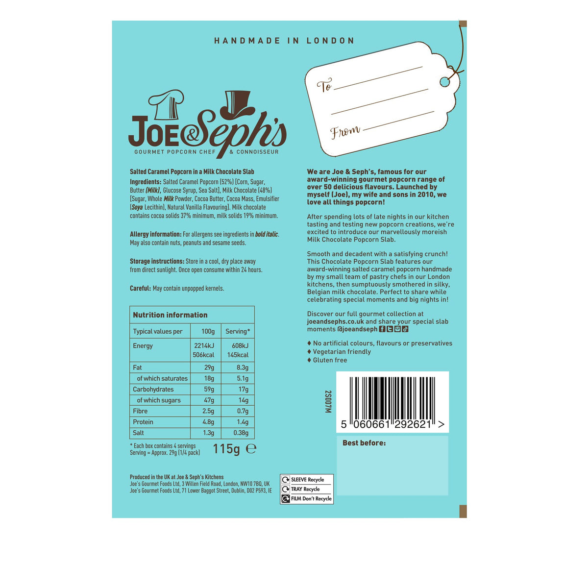 Joe & Seph's Milk Chocolate Popcorn Slab - Salted Caramel, 2 x 115 g