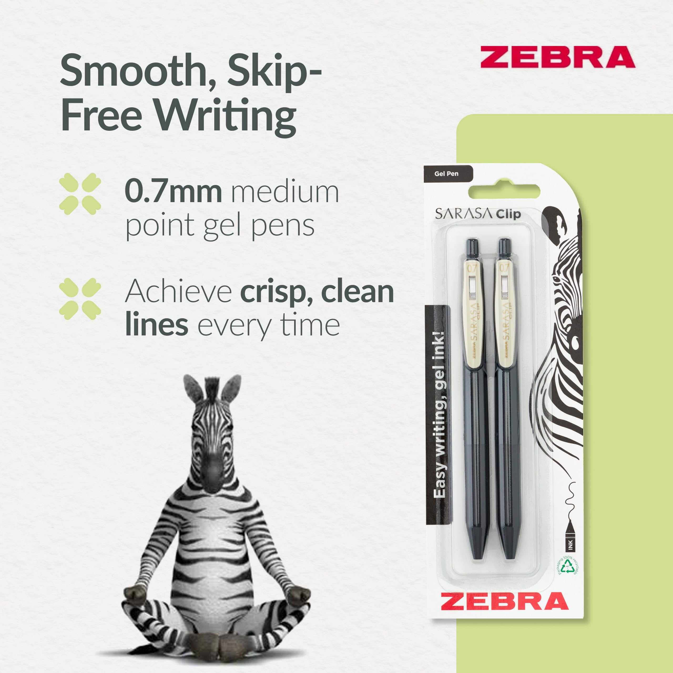 Zebra Pen SARASA CLIP Gel Pen - 0.7mm Medium Point, Vintage Black Ink, Retractable, 2 Pack