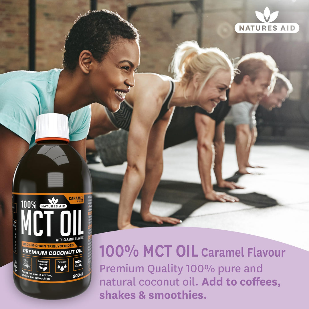 Natures Aid MCT Oil 500ml Caramel Flavour – Coconut-Derived Oil for Coffee, Shakes & Smoothies