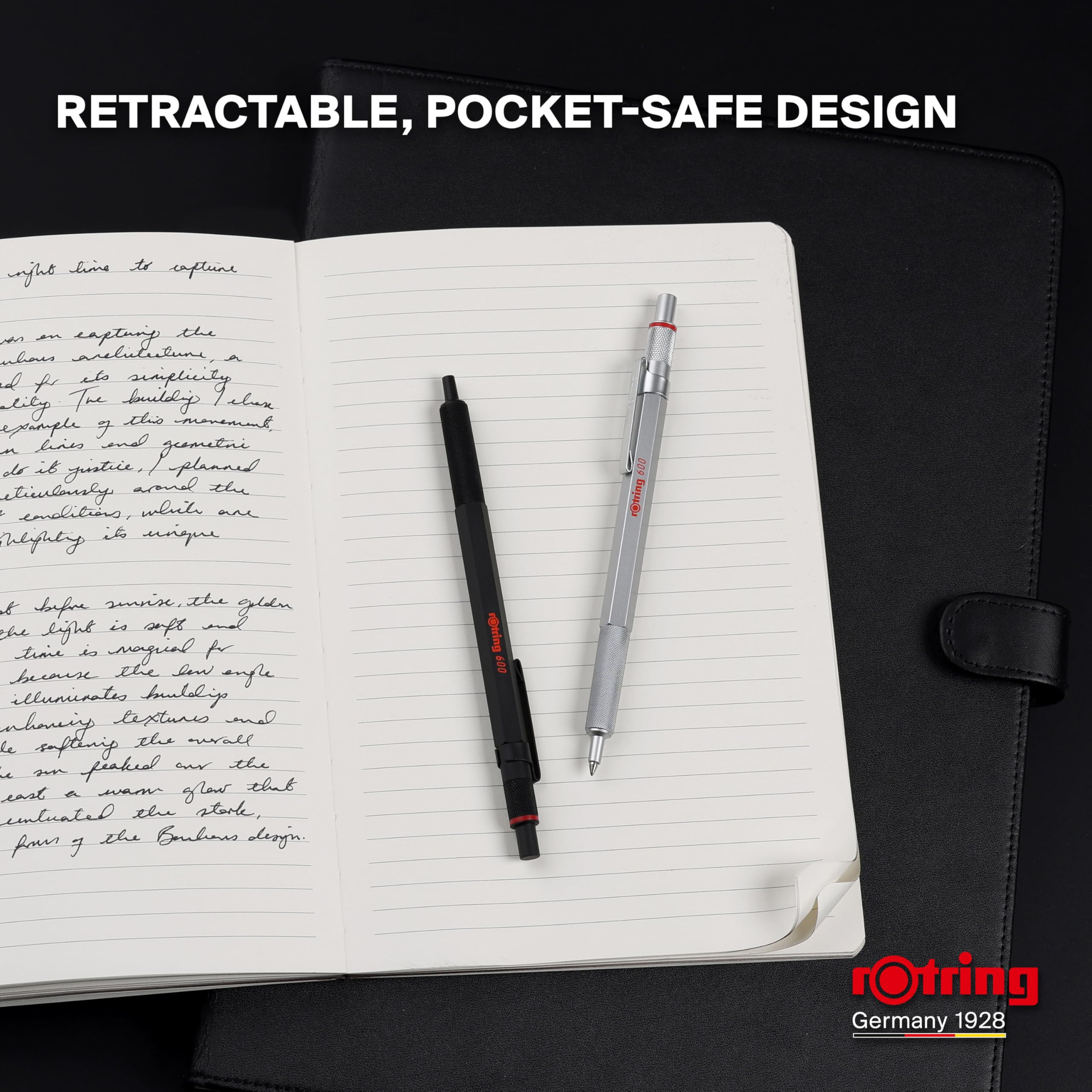 rOtring 600 Gel Pen | 0.55 mm | Black Ink | Black Metal Body Pen | Non-Slip Knurled Grip & Hexagonal Barrel | Refillable 3