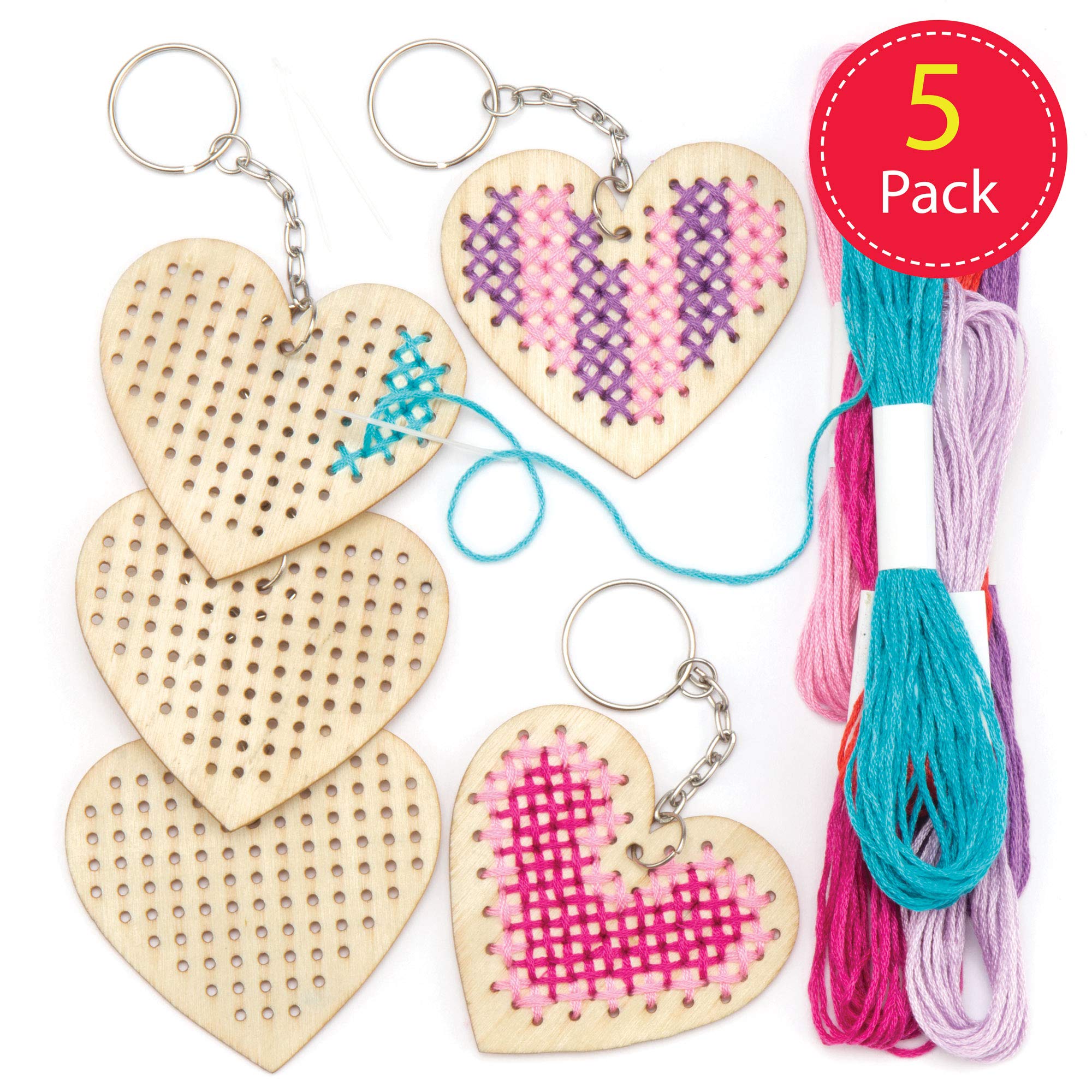 Baker Ross AR126 Wooden Heart Cross Stitch Keyring Craft Kits for Beginners (Pack of 5) 2