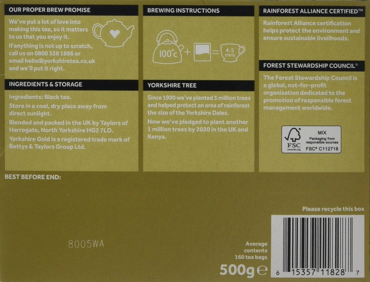 Yorkshire Gold 160 Tea Bags, 500 g (Pack of 6)