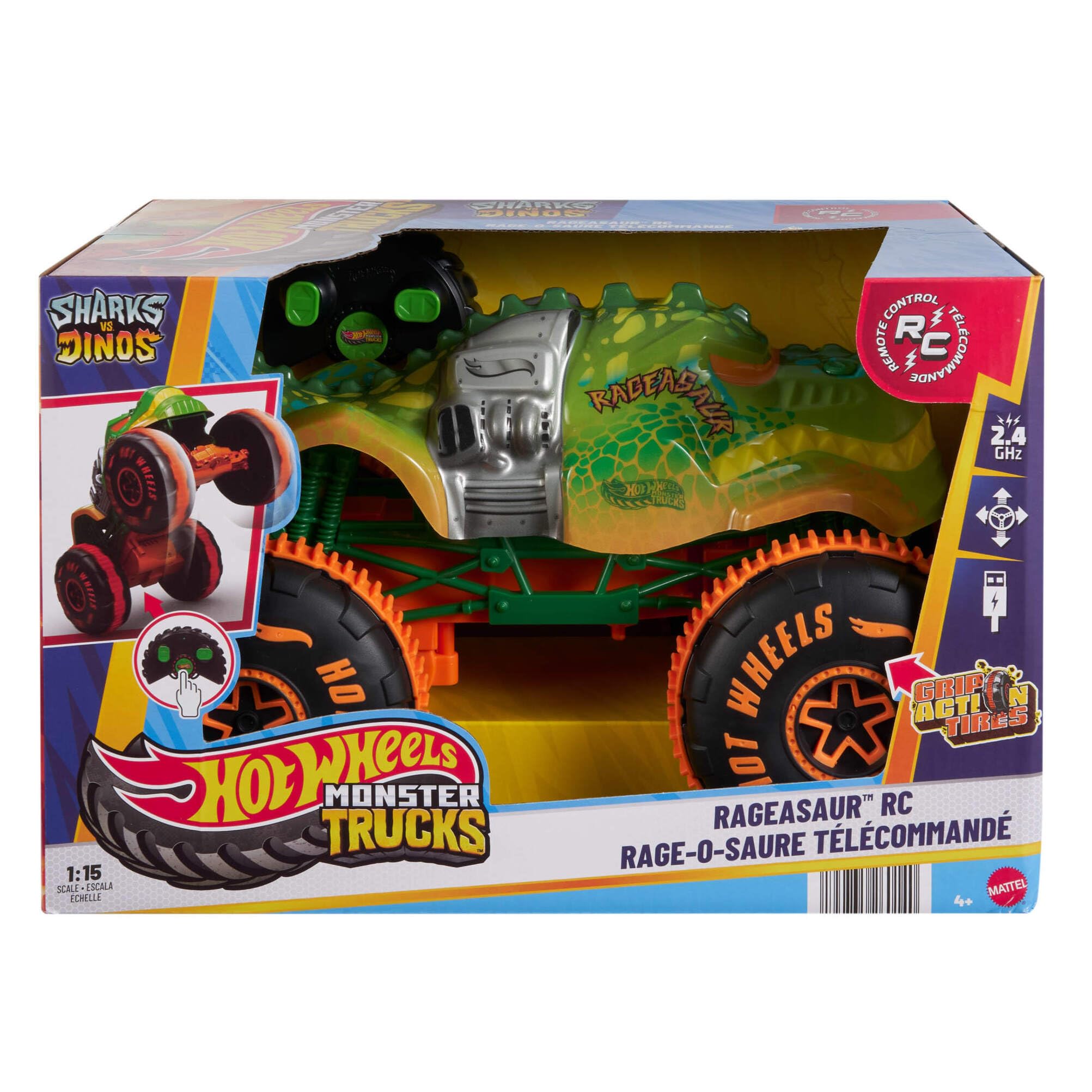 Hot Wheels Monster Trucks RC Rageasaur - 1:15 Scale Remote-Controlled Vehicle with Grip Action Tires & Wheelie Mode 10
