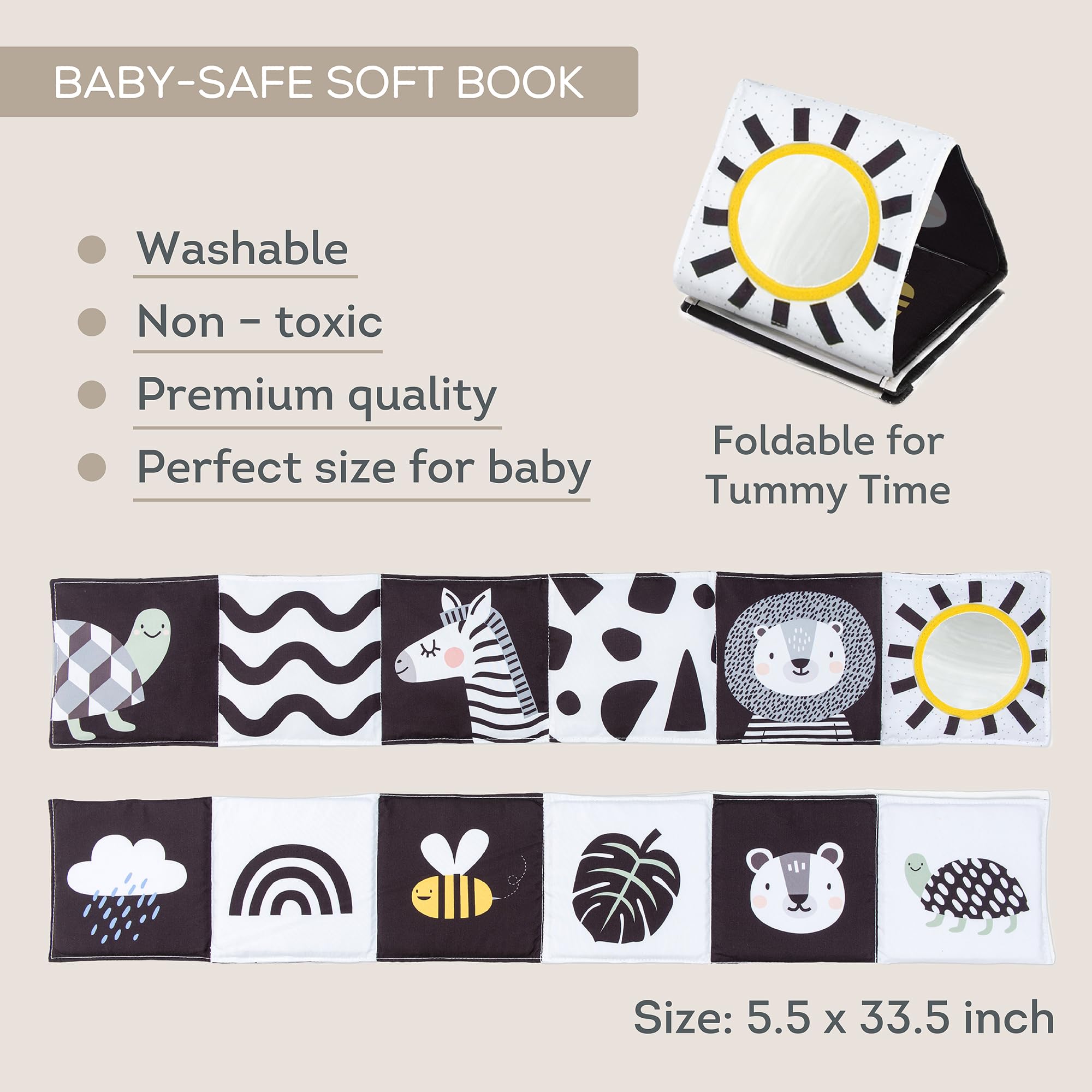 Taf Toys Savannah 3 in 1 Newborn Pram Book - High Contrast Sensory Tummy Time Toy | Birth+ 3
