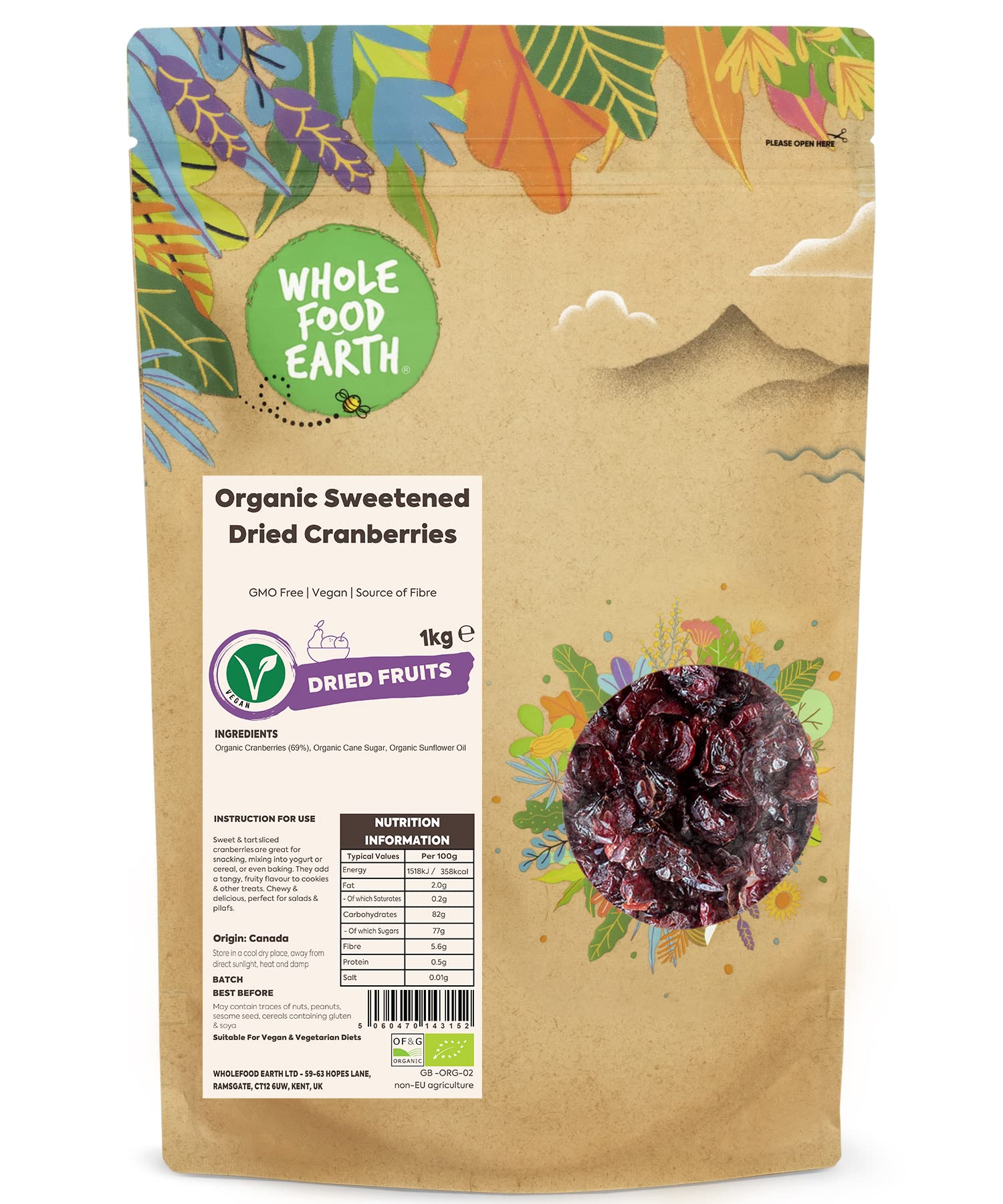 Wholefood Earth Organic Sweetened Dried Cranberries - 1 kg Bag | GMO Free | Certified Organic 1