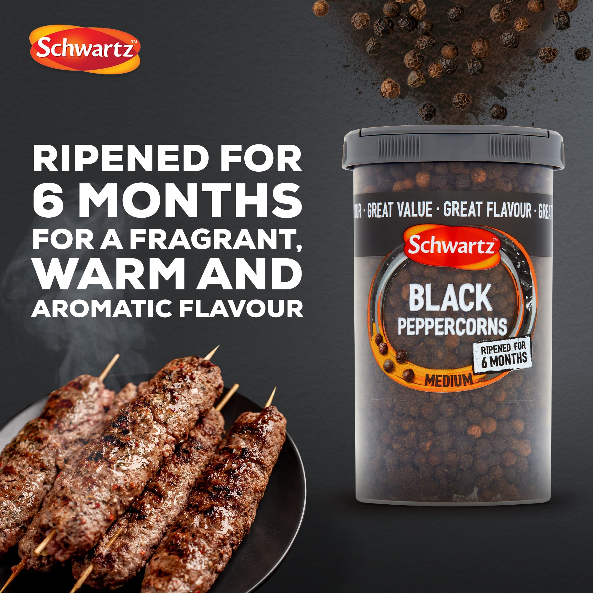 Schwartz Whole Black Peppercorns - 100g Drum | Ripened 6 Months | Citrusy & Floral Flavor