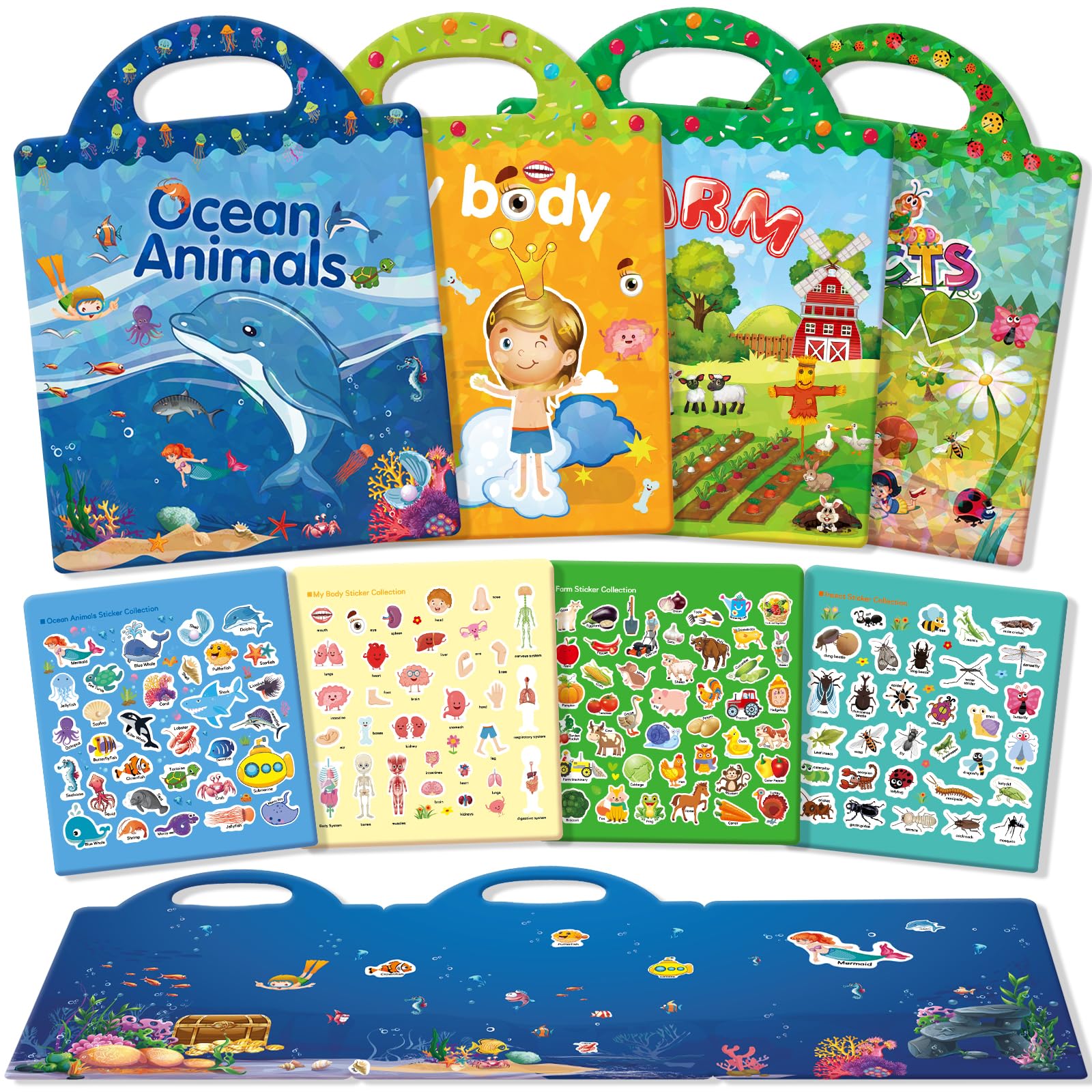 GUYUCOM 4 Pack Reusable Sticker Books - Ocean, Body, Insect & Farm Themes | Fine Motor Skill Development 1