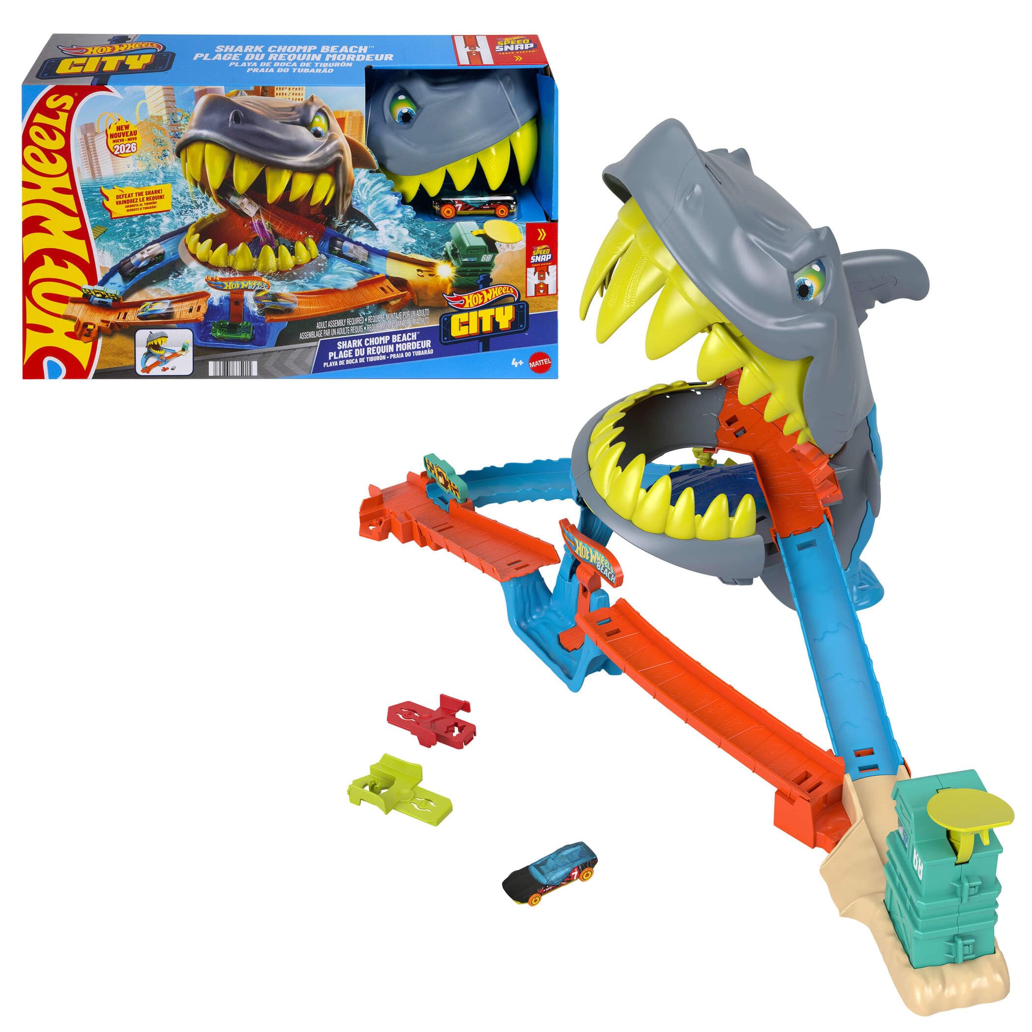 Hot Wheels City Shark Chomp Beach Playset - Interactive Shark Nemesis | Includes 1:64 Scale Car 1