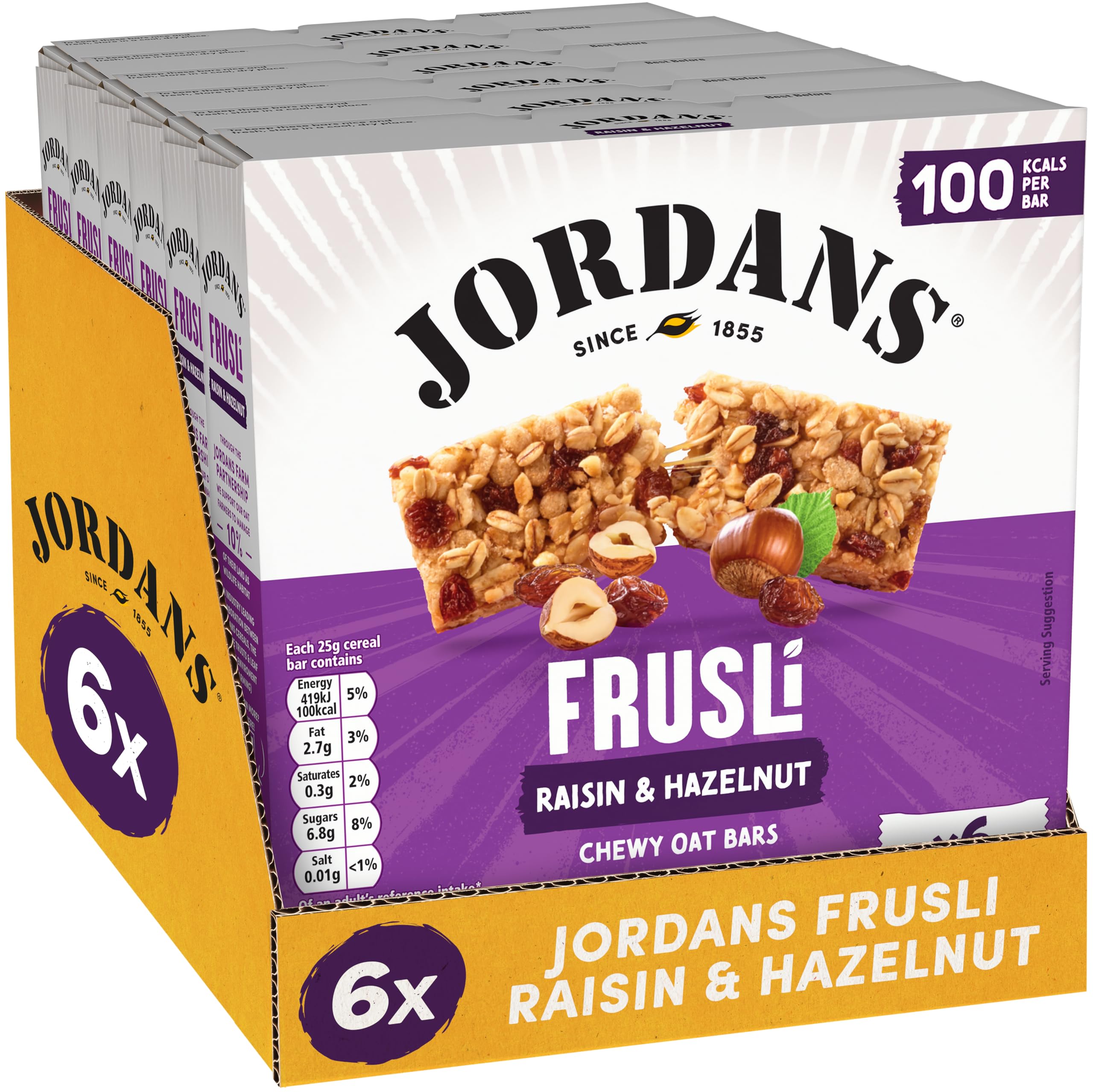 JORDANS Frusli Raisin and Hazelnut Cereal Bars - 6 Pack (150g Total) | Under 100 Calories Per Bar 1