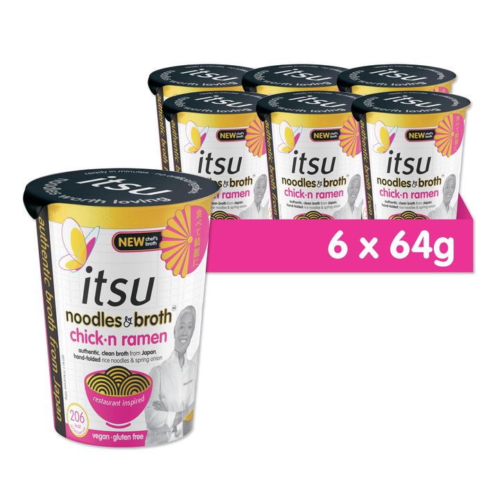 Itsu Chickn Ramen Instant Noodles & Broth Pot 64g - Pack of 6 | Gluten Free | Vegan | Quick-to-Make Snack