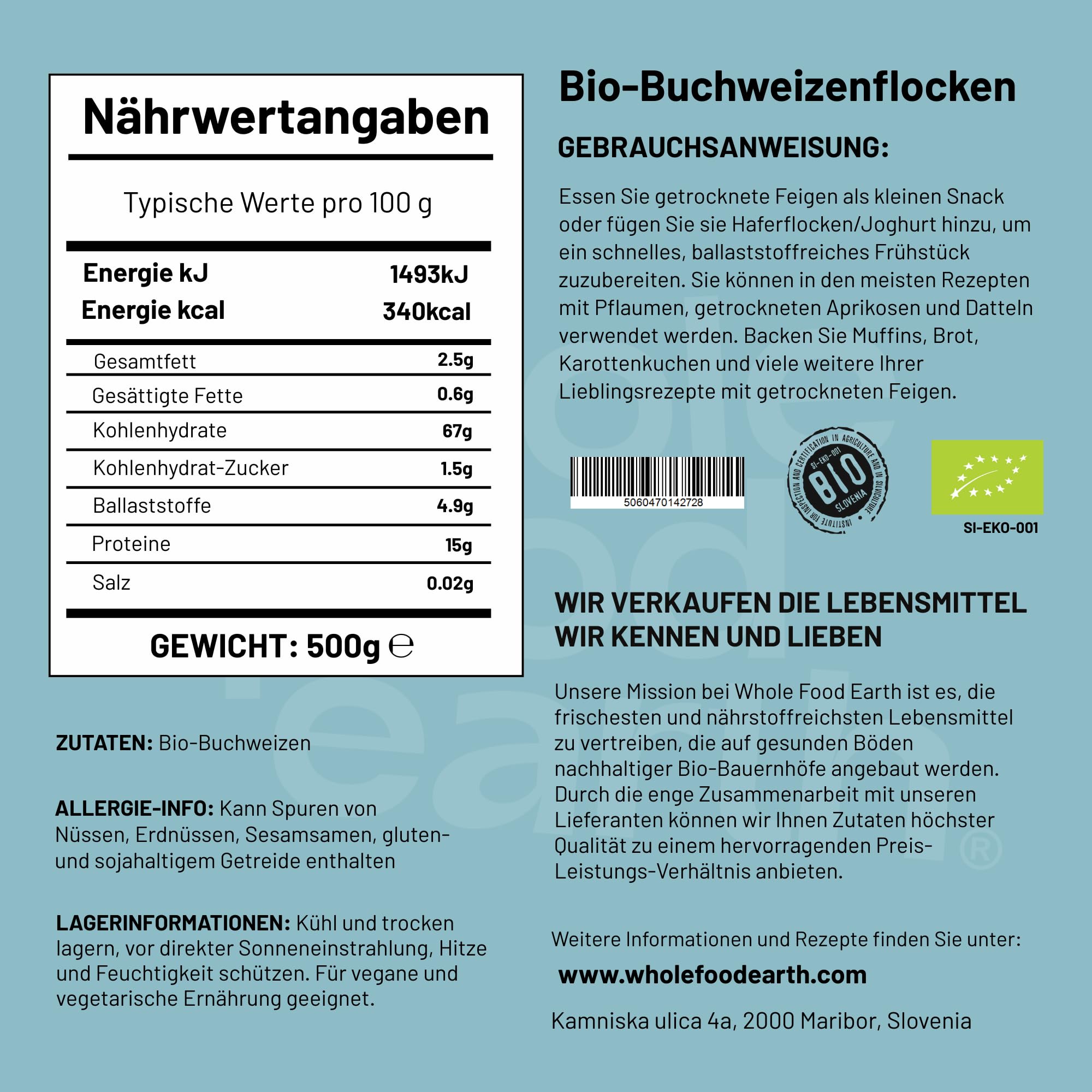 Wholefood Earth Bio-Buchweizenflocken – 500 g | Roh | Gentechnikfrei | Vegan | Ballaststoffquelle | Bio-zertifiziert