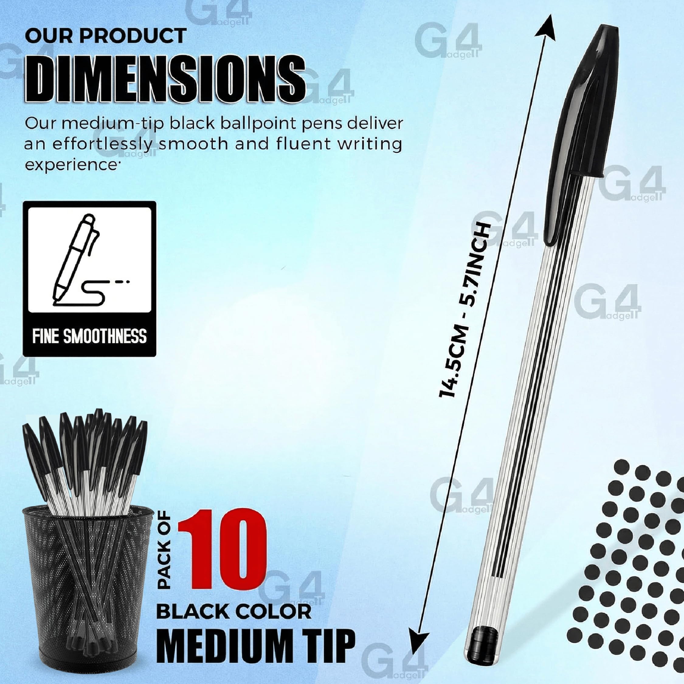 G4GADGET Premium Ballpoint Pens - Pack of 10 Black Ink Medium Tip | 0.5mm Line | Ergonomic Grip 2