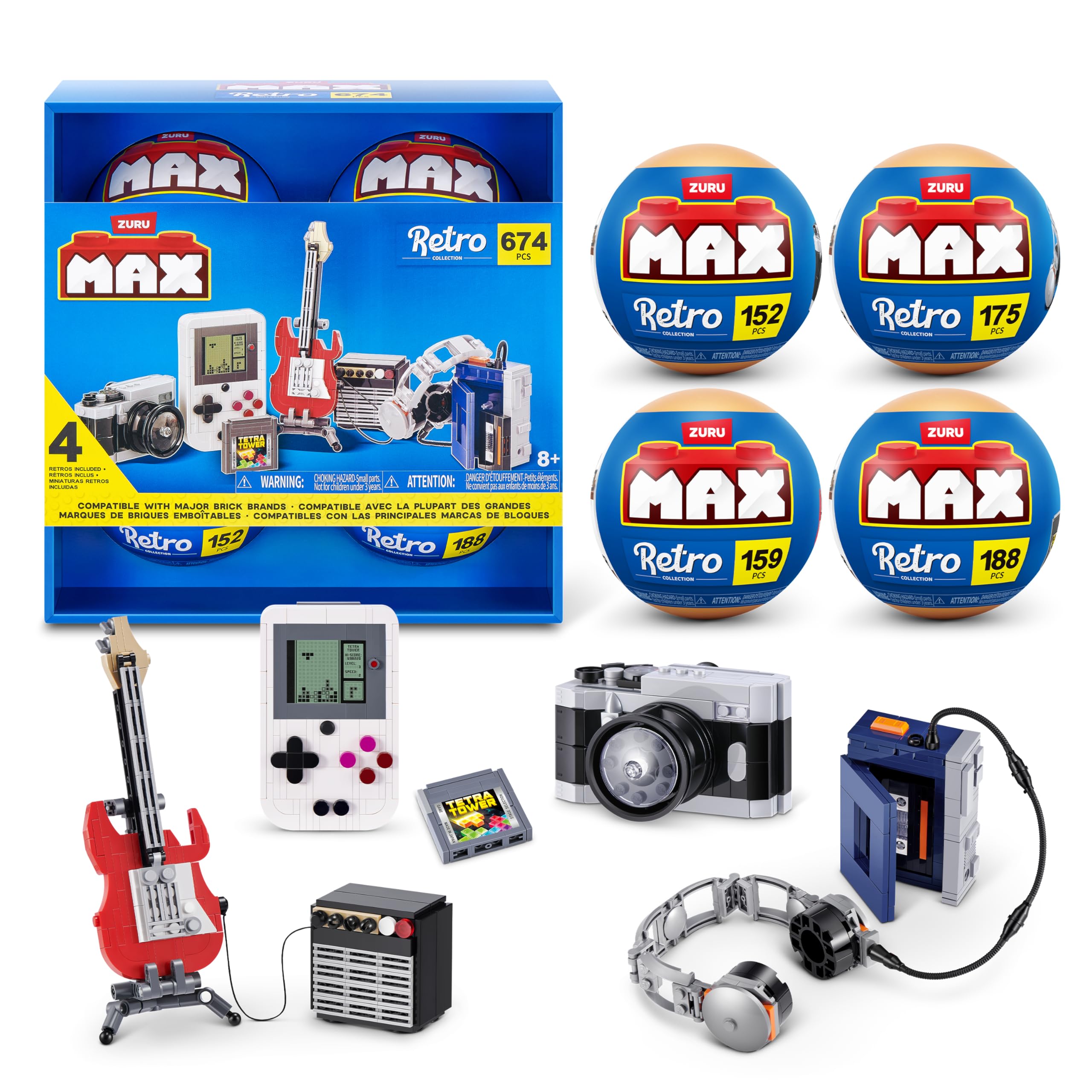 Max Build More Premium Retro Series 2 4 Pack Building Set | Compatible with Leading Brands | Up to 188 Pieces per Build