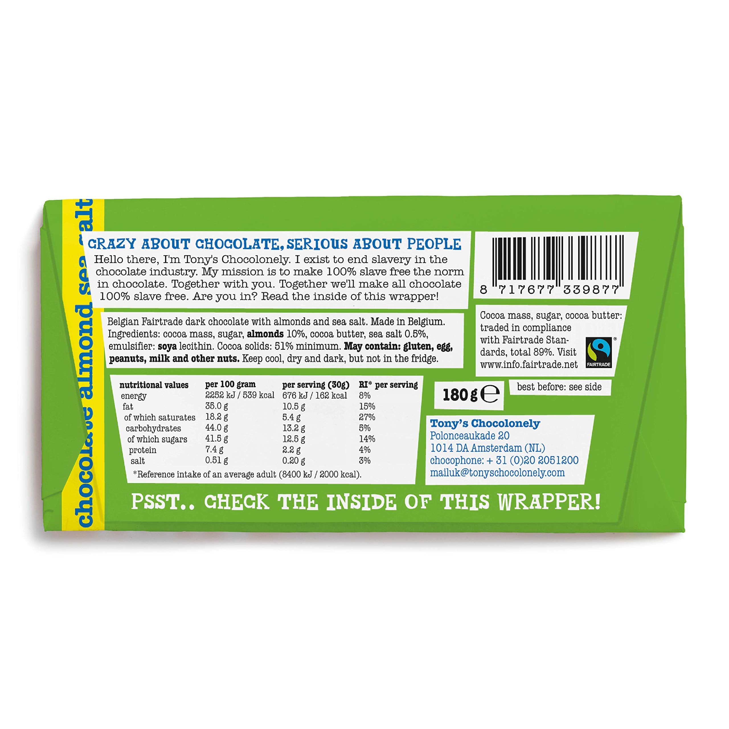 Tony's Chocolonely Dark Chocolate Almond Sea Salt Bar - 180g Belgian Fairtrade 4