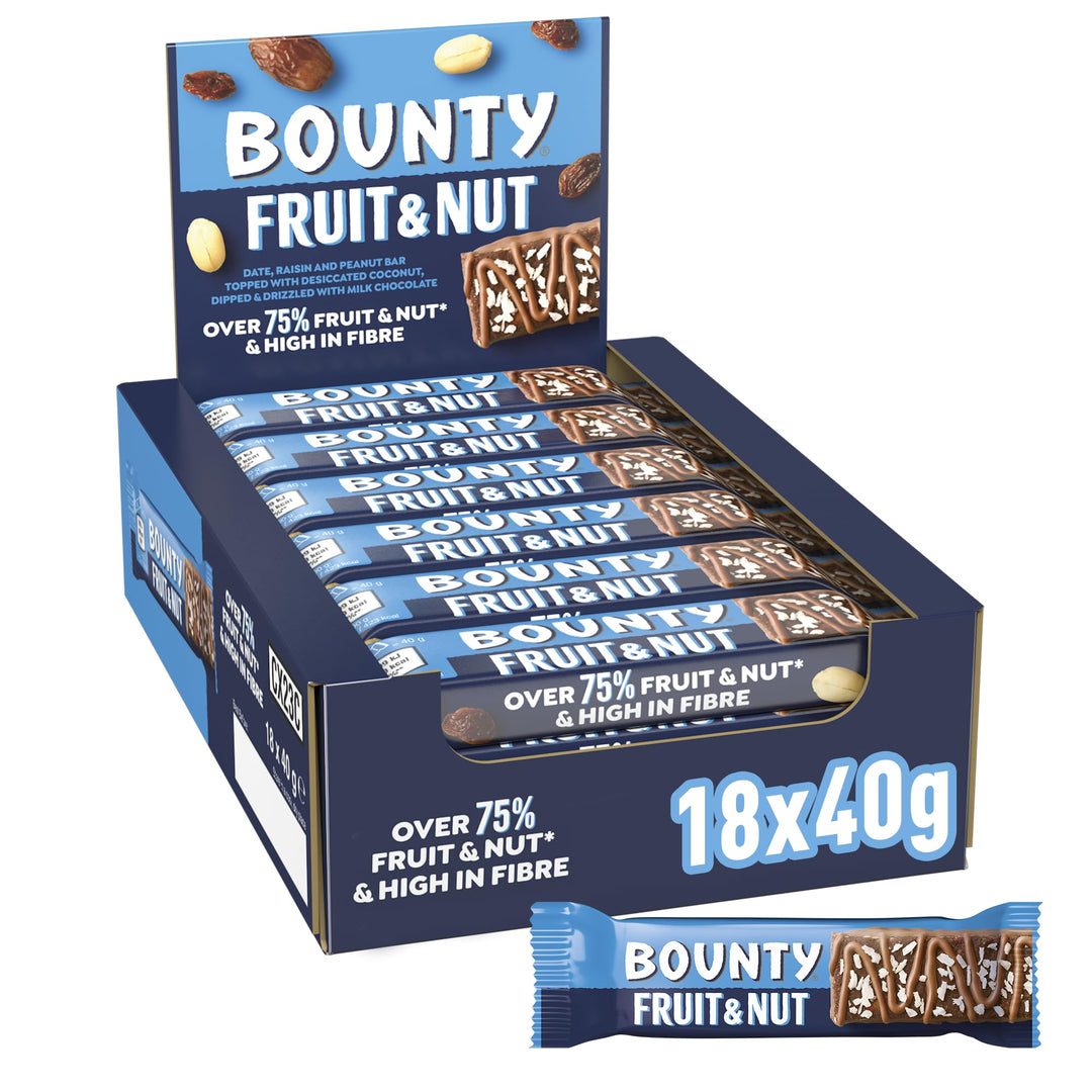 Bounty Triple Treat Fruit & Nut Chocolate Bars, Milk Chocolate Snacks with Dates, Raisins & Peanuts, 18-Pack