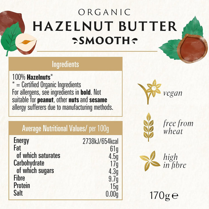Biona Organic Hazelnut Butter, 170g - Smooth, Palm Oil & Emulsifier Free - 100% Organic