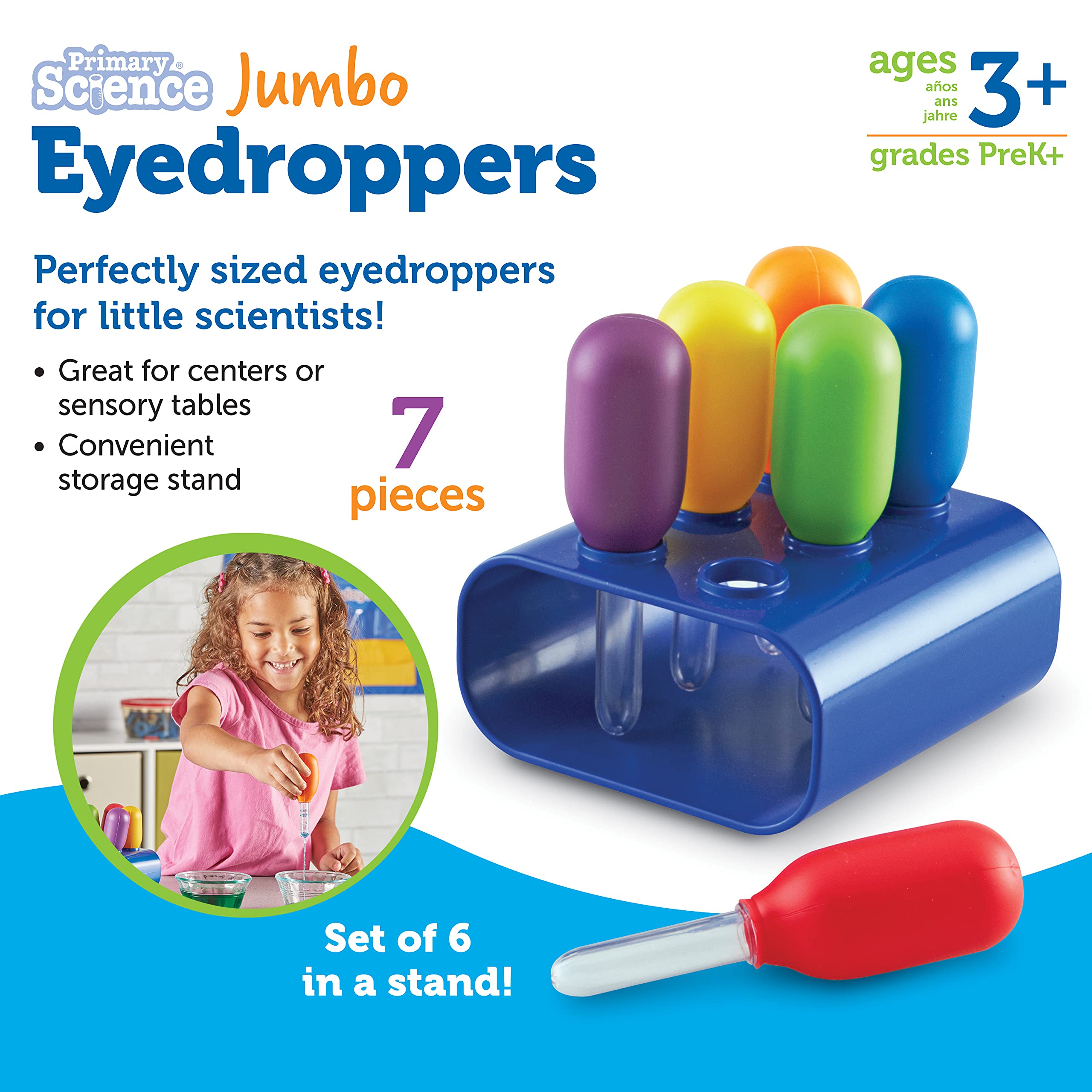 Learning Resources Jumbo Colorful Eyedroppers - Set of 6 with Stand | Ages 3+ | Motor Skills Tool 7