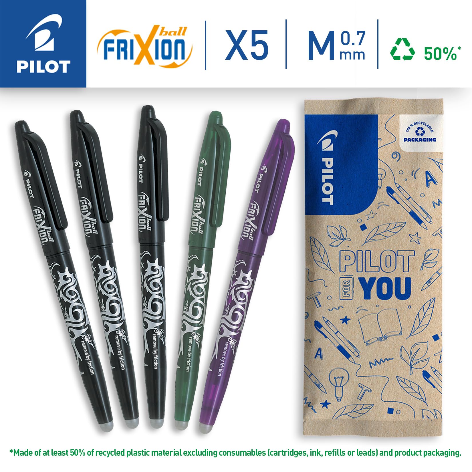 PILOT FriXion Ball 07 Erasable Gel Ink Rollerball Pen Set | 0.7mm Medium Tip | Refillable 2