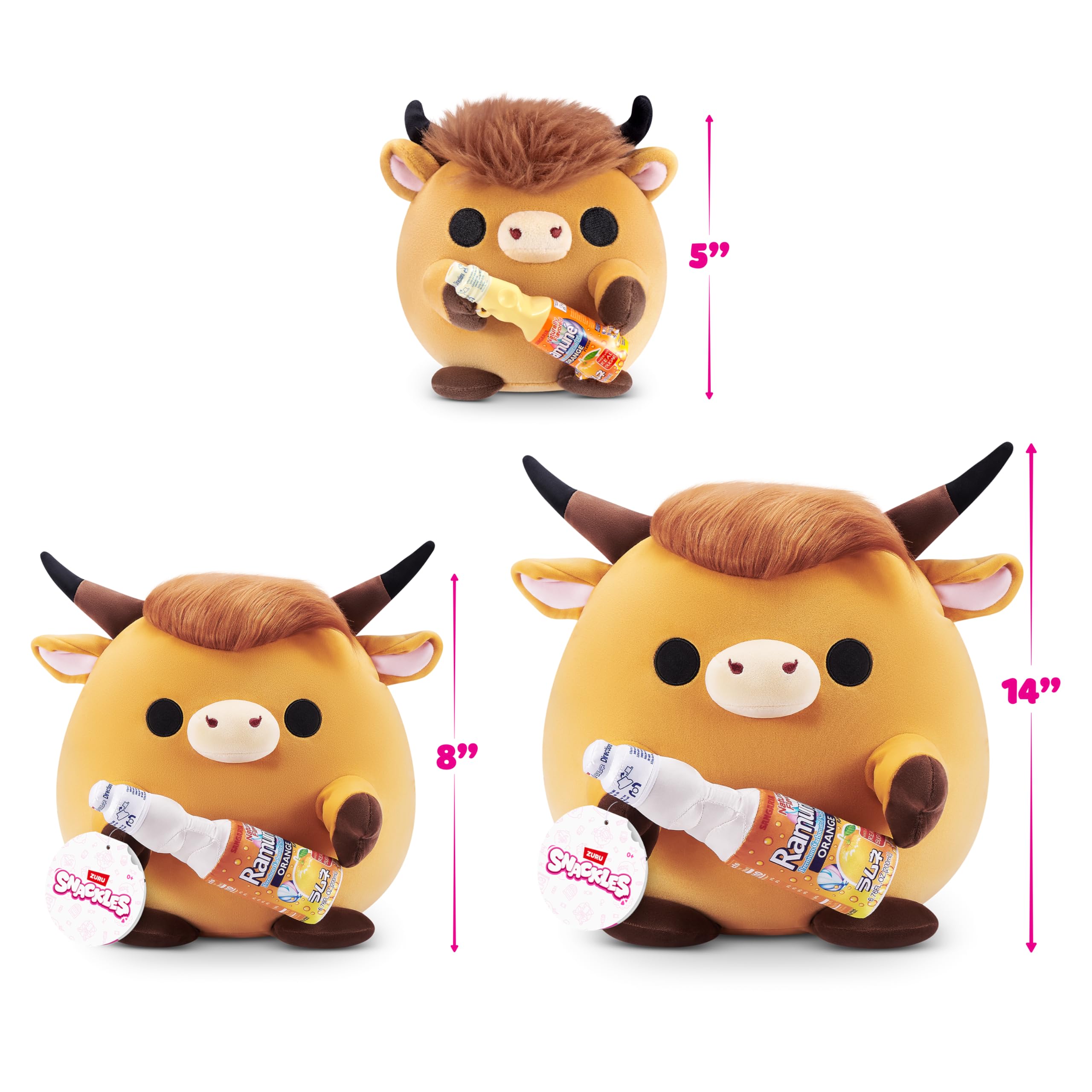 Snackles Robbie Highland Cow Plush - 14-inch Soft Toy with Sangaria O-mazing Orange Ramune Snack 3