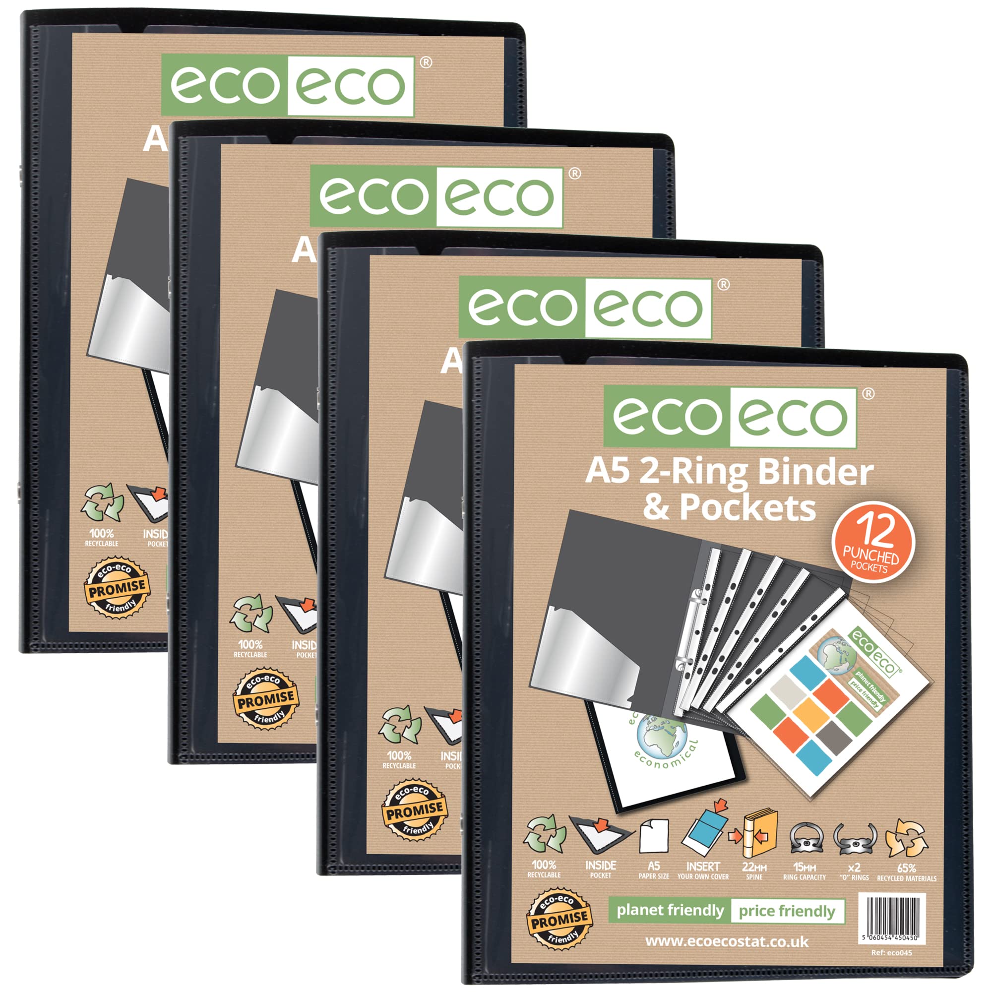 eco-eco A5 Presentation Ring Binder - 15mm Capacity, Pack of 4 | Black, Recycled Material 1