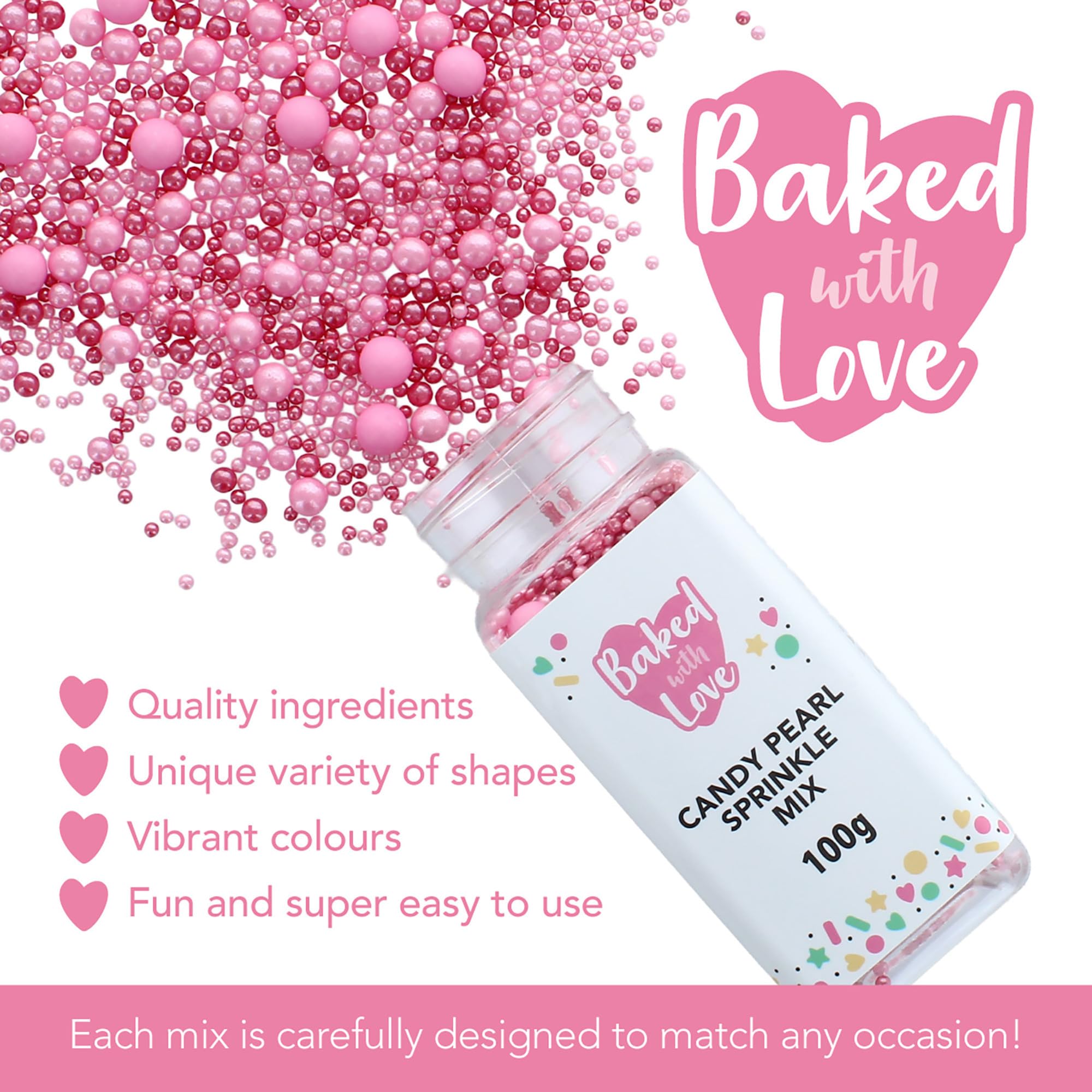Baked with Love Candy Pearl Sprinkles - Pink Sugar Balls for Cakes | 100g Resealable Bottle