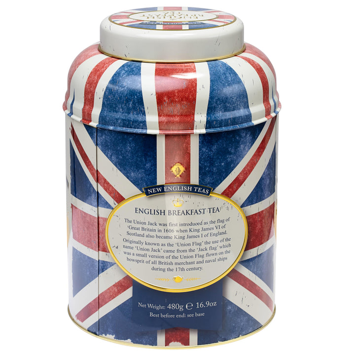 New English Teas Union Jack Large Round Tea Caddy with 240 English Breakfast Tea Bags