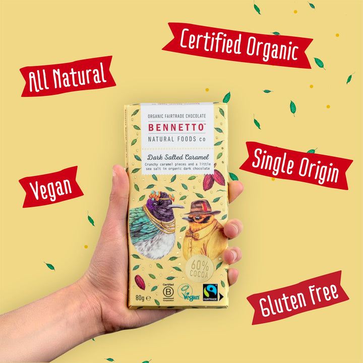 Bennetto Dark Salted Caramel Chocolate Bar - Organic, Fairtrade, Vegan, Gluten-Free