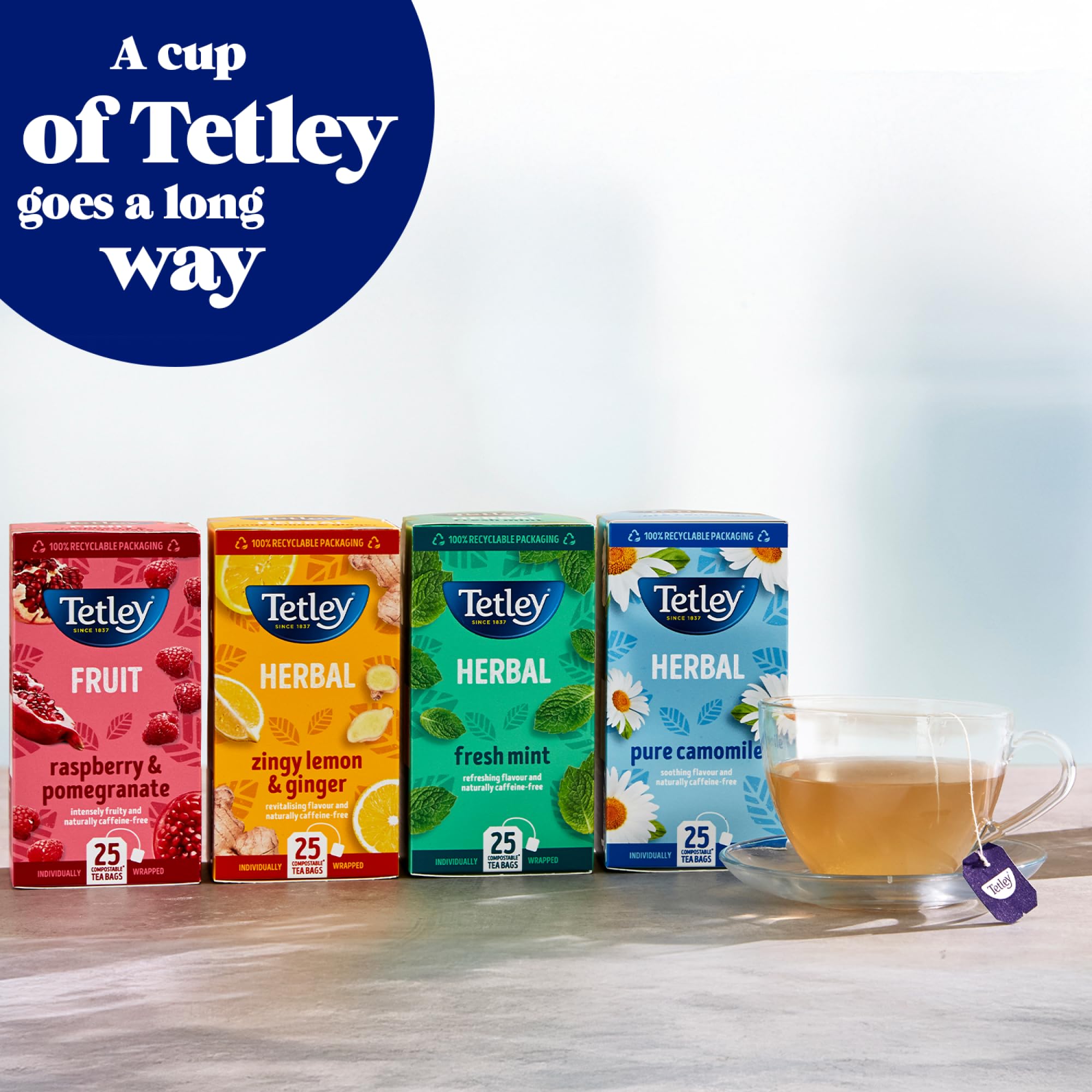 Tetley Raspberry & Pomegranate Herbal Tea Bags - Naturally Caffeine-Free | 25 Count | 300g 4