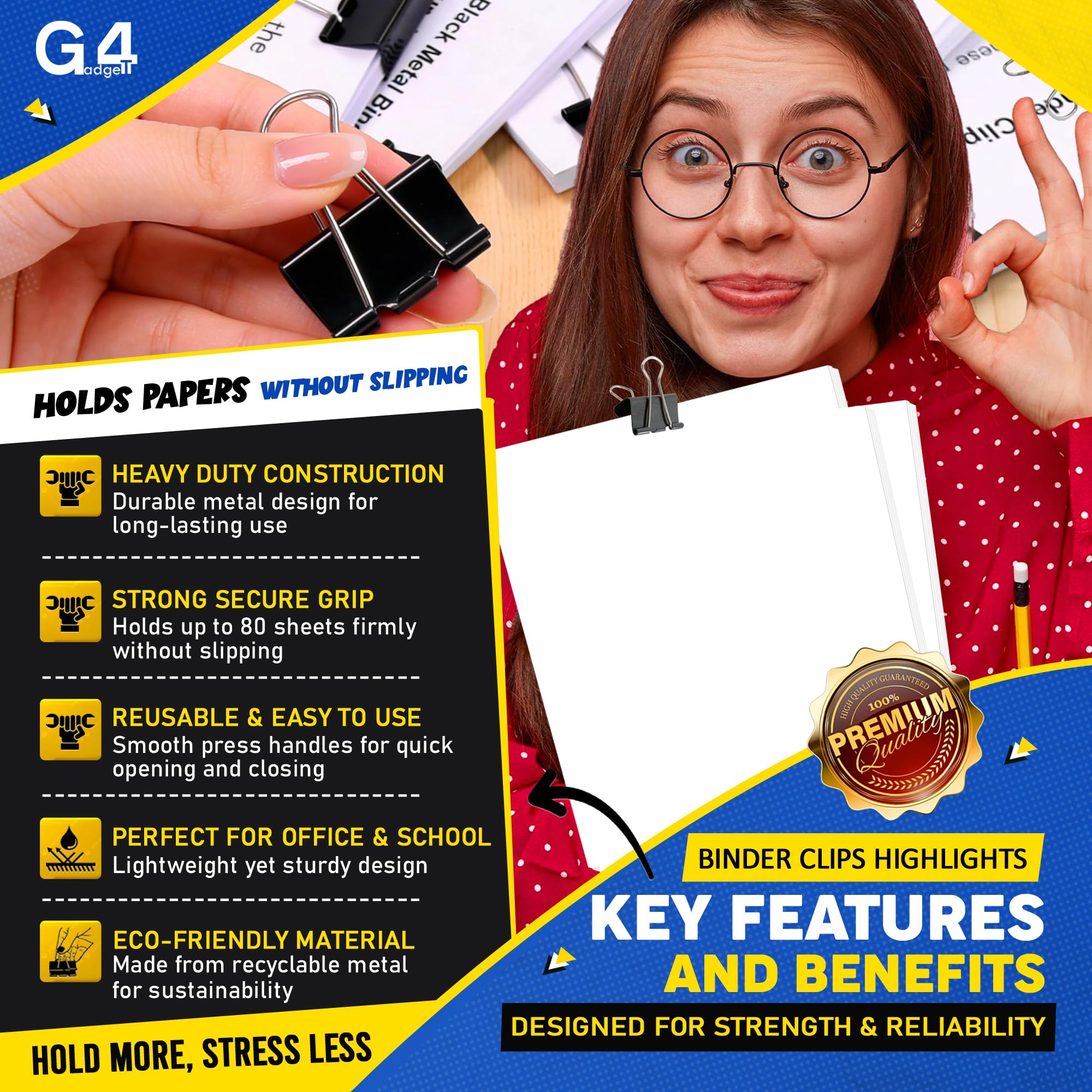 G4GADGET Binder Clips - 32mm Medium, Black, 20 Pack | Heavy-Duty Metal Grip