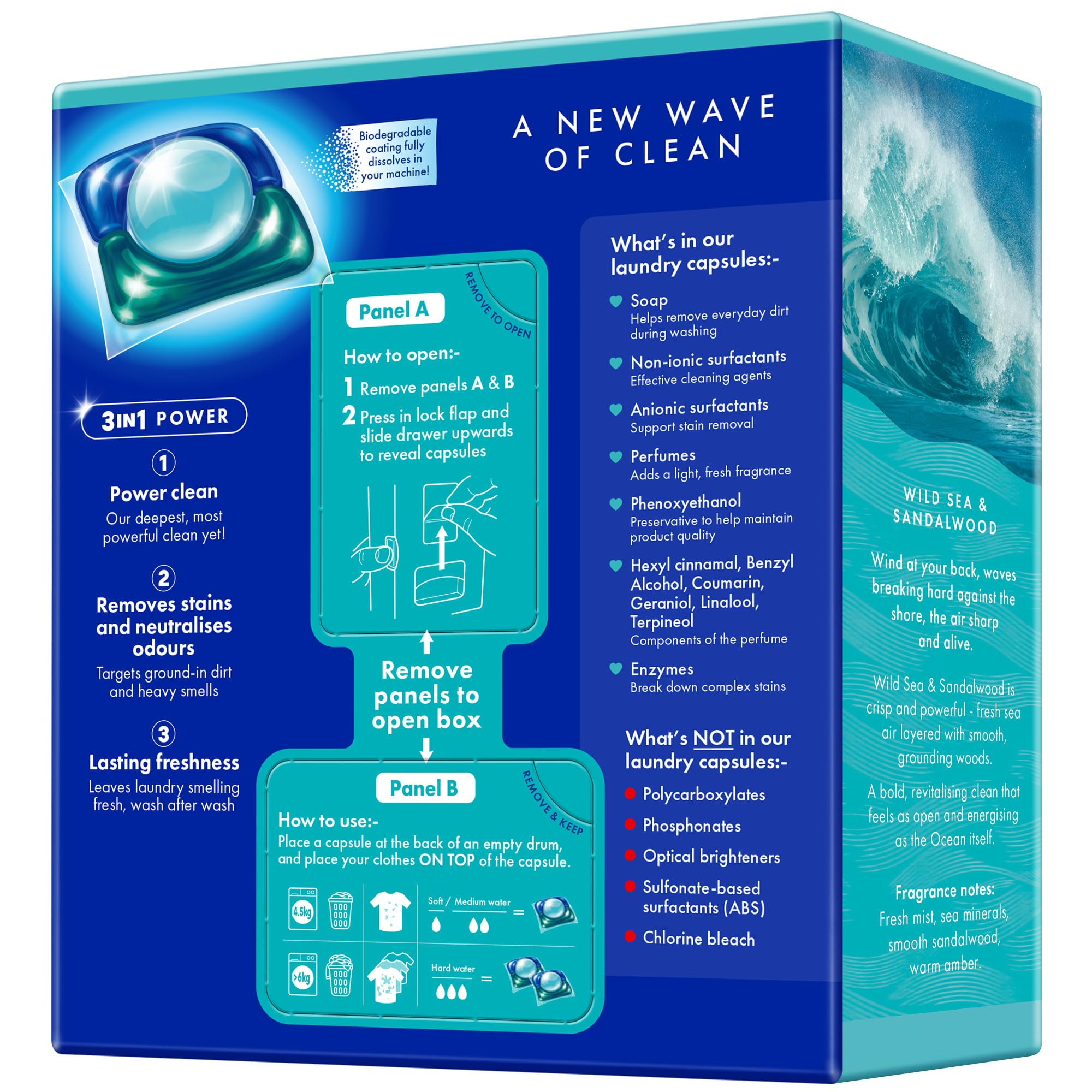 OceanSaver Eco Bio Laundry Detergent Capsules - 30 Washes | 3-in-1 Deep Clean | Wild Sea & Sandalwood