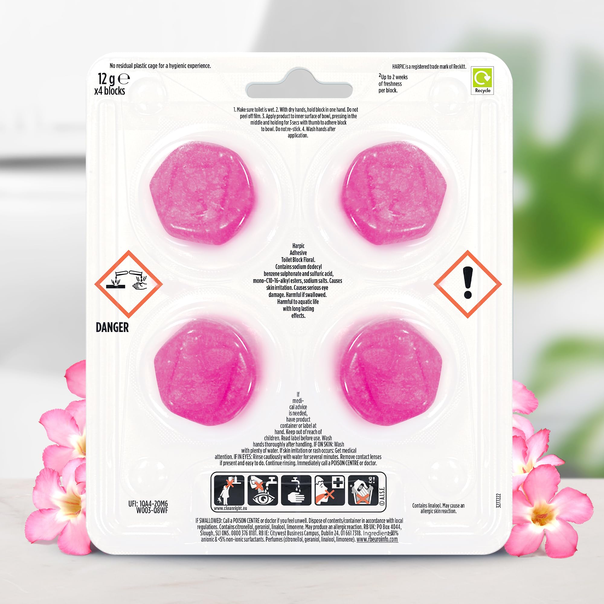 Harpic Hygienic Fresh Sticker Adhesive Toilet Block - Floral Scent, Pack of 4 Tablets 9