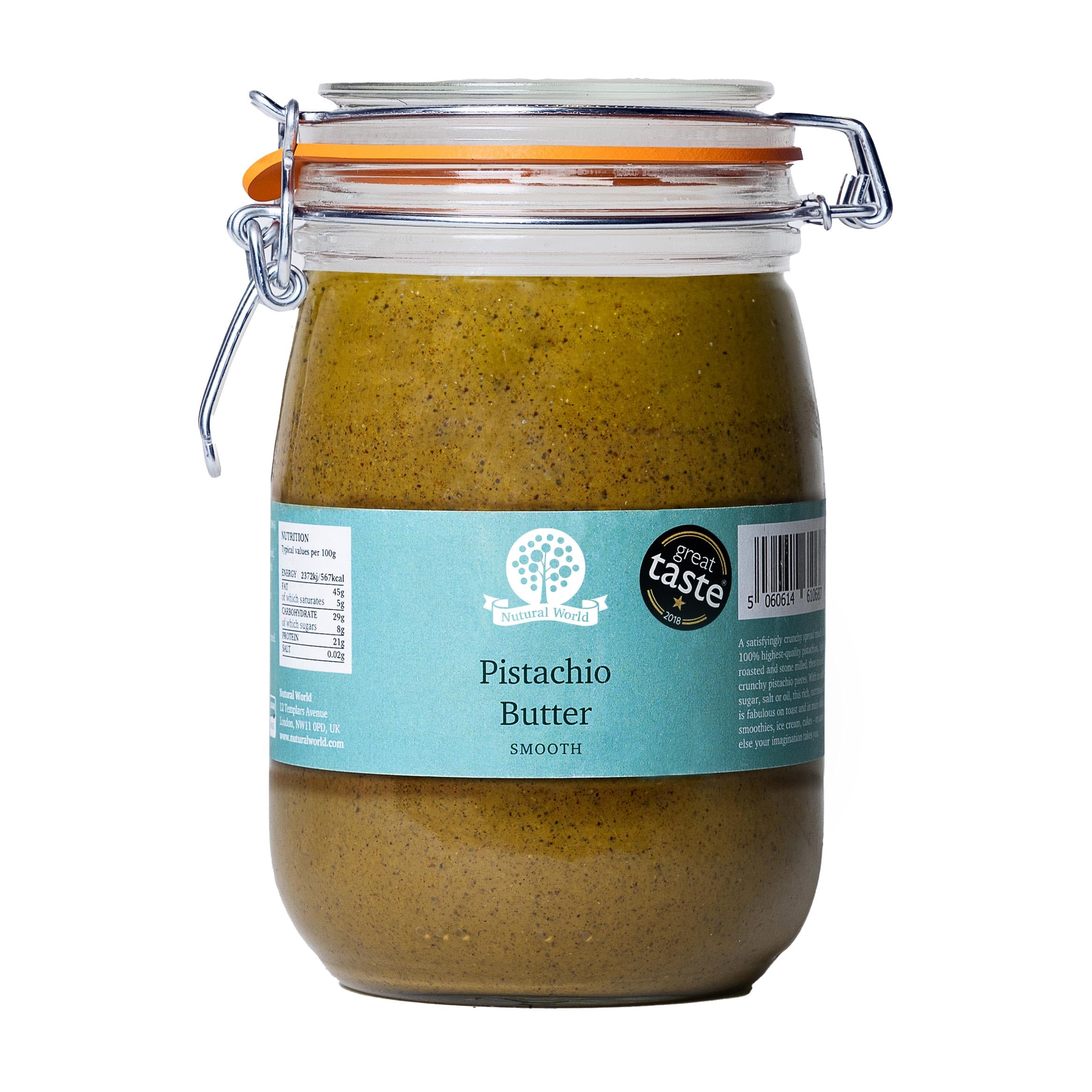 Nutural World - Smooth Pistachio Nut Butter (1kg) in Reusable Glass Jar 1