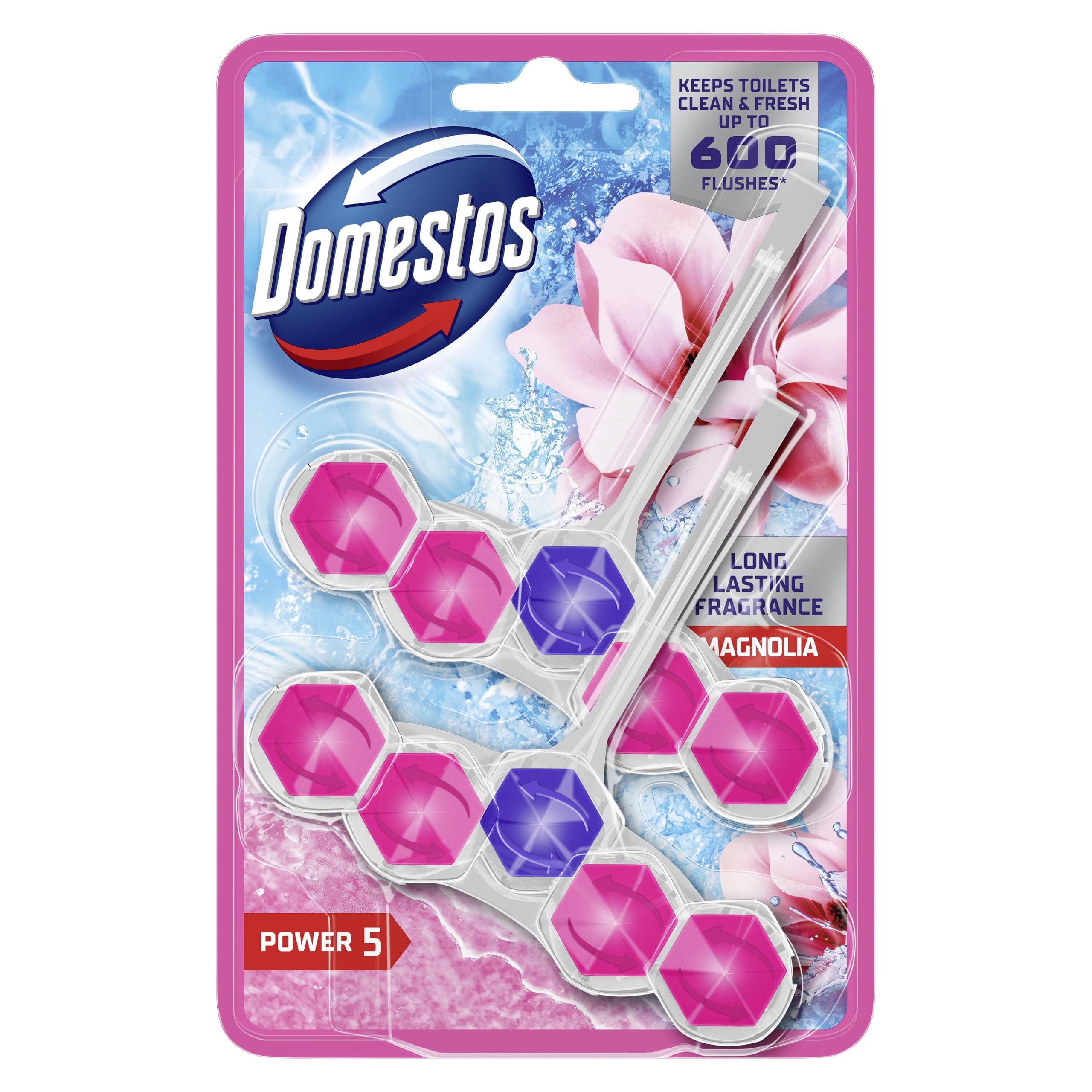 Domestos Power 5 Magnolia Toilet Rim Blocks 2x50g - Long-Lasting Toilet Freshener with Limescale Prevention