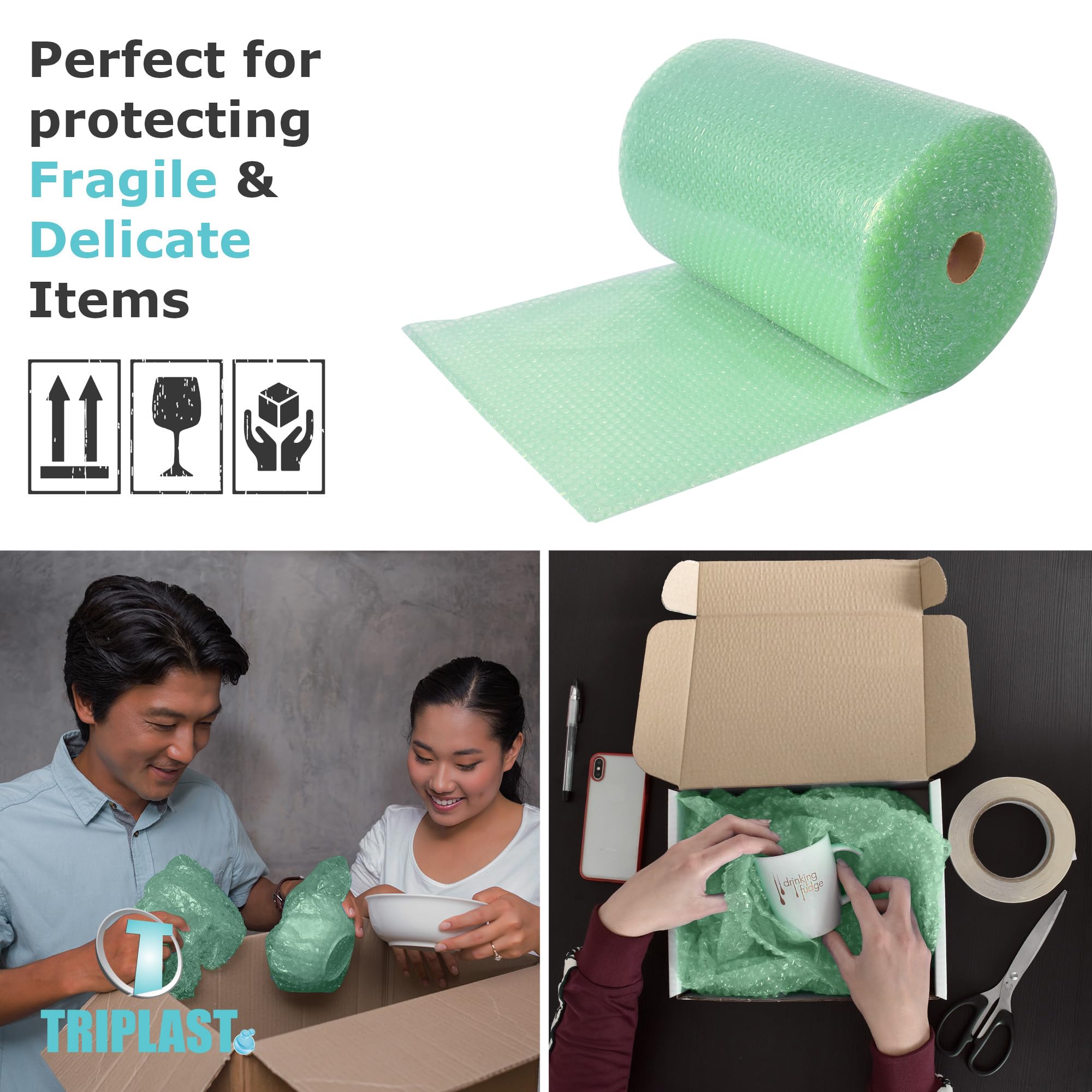 Triplast Biodegradable Green Bubble Wrap Roll - 300mm x 10m | Small 10mm Bubbles | Recyclable LDPE 3