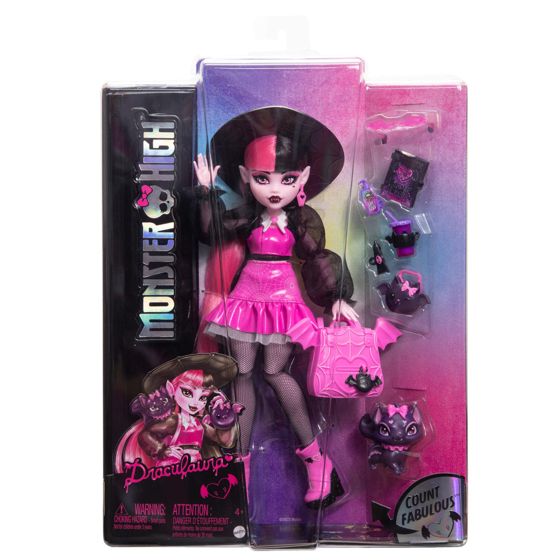 Monster High Draculaura Doll with Count Fabulous Pet & Accessories - Pink Fashion Vampire Doll for Kids